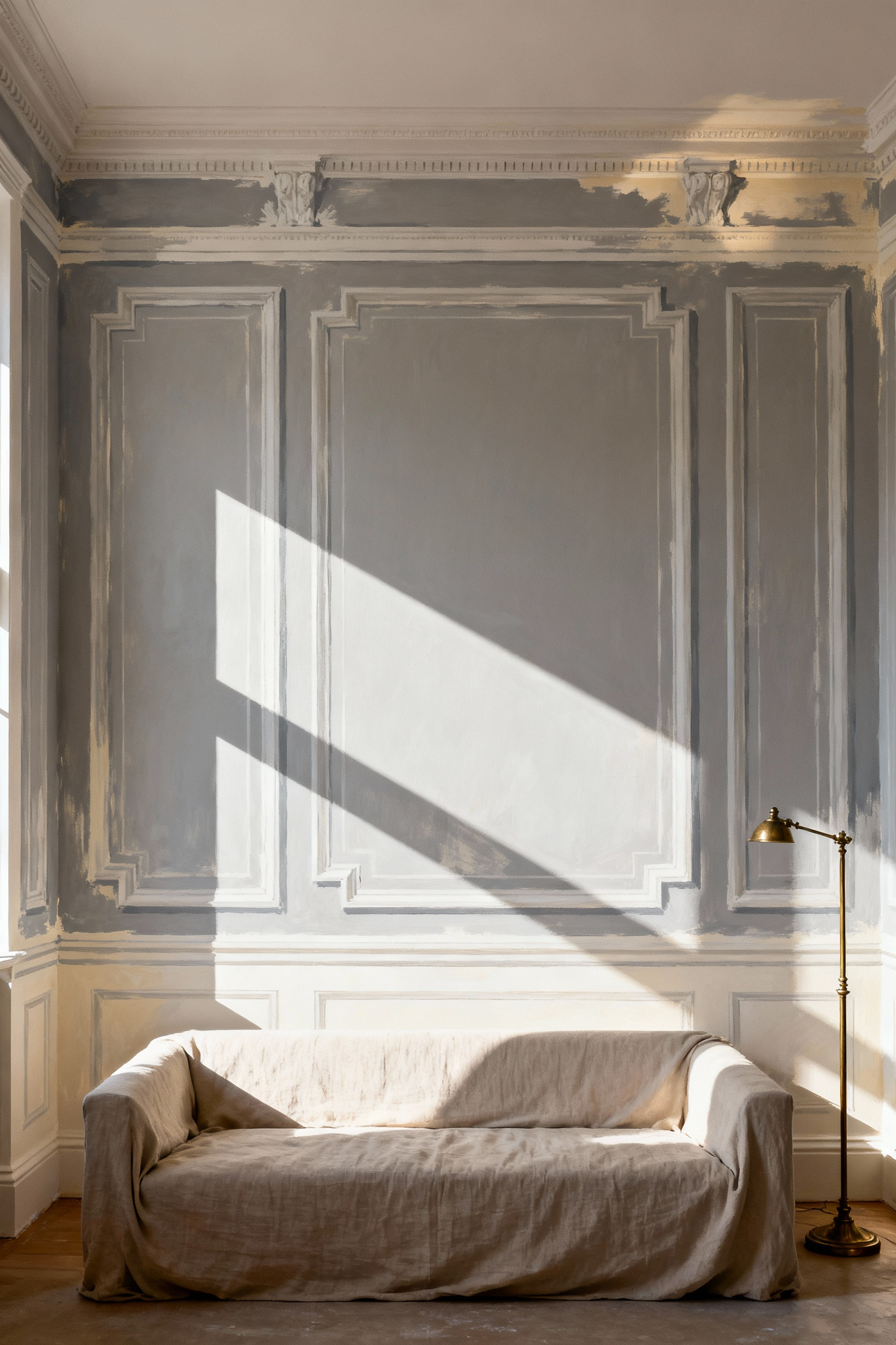 Elegant living room featuring a sophisticated trompe l'oeil wall treatment mimicking classic architectural wainscoting and paneling using masterful chiaroscuro techniques.