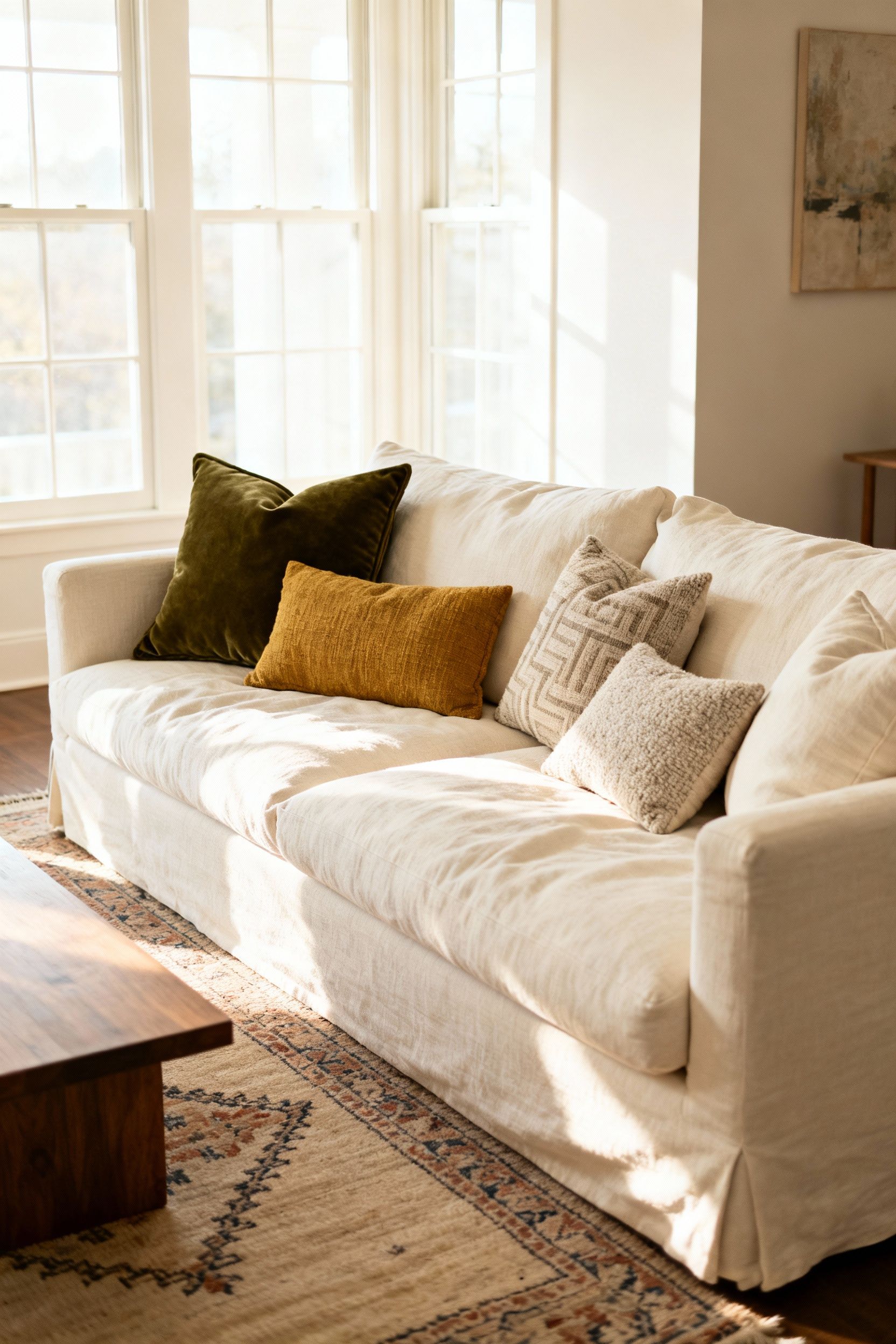 A beautifully decorated contemporary living room featuring a cream linen sofa with five organically arranged throw pillows of varying sizes and textures in olive, mustard, and neutral tones, illustrating a relaxed, non-staged, lived-in aesthetic.