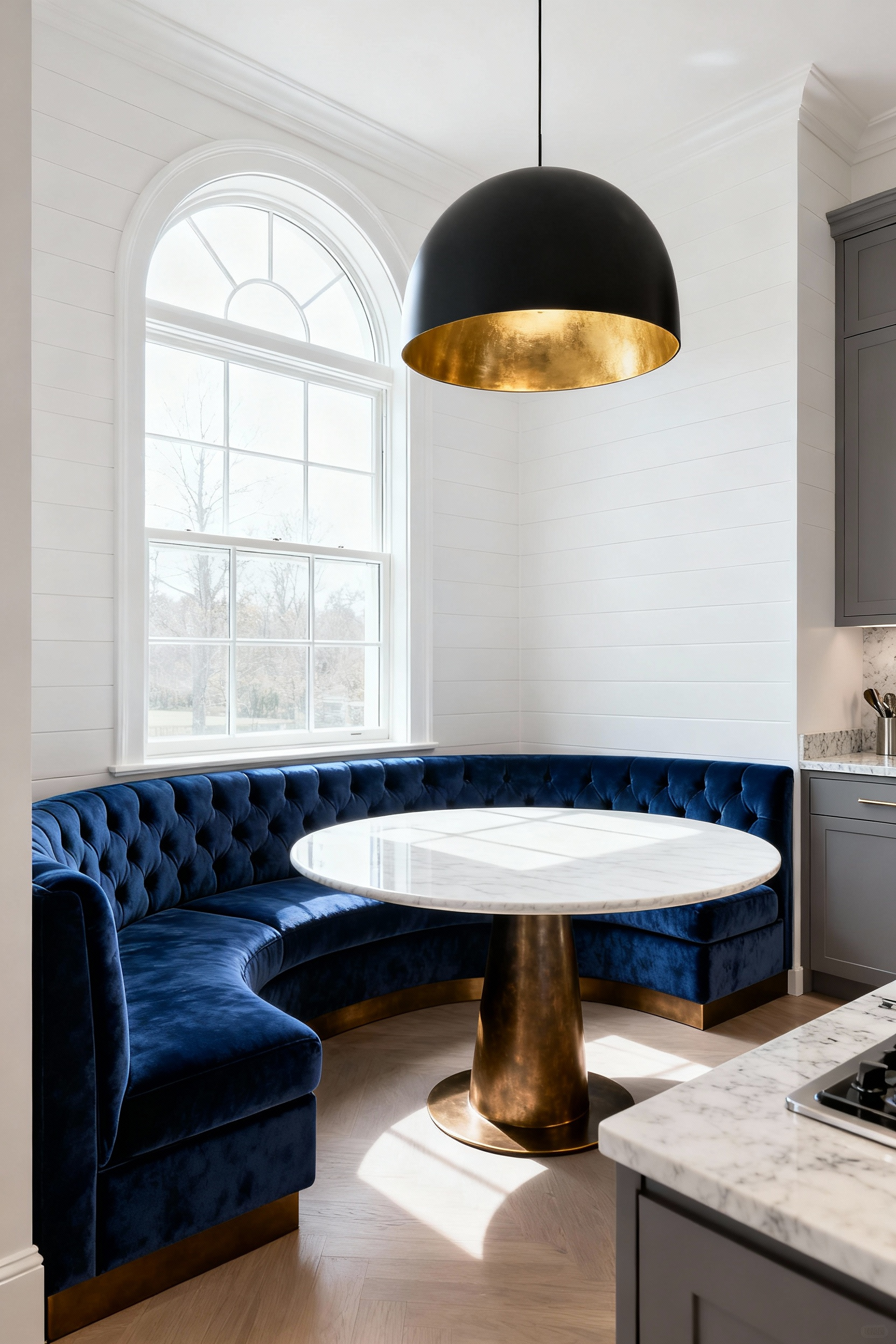 An image showing a luxurious built-in breakfast nook with deep sapphire velvet tufted banquette seating and a round marble table, integrated as architectural millwork in a high-end kitchen.