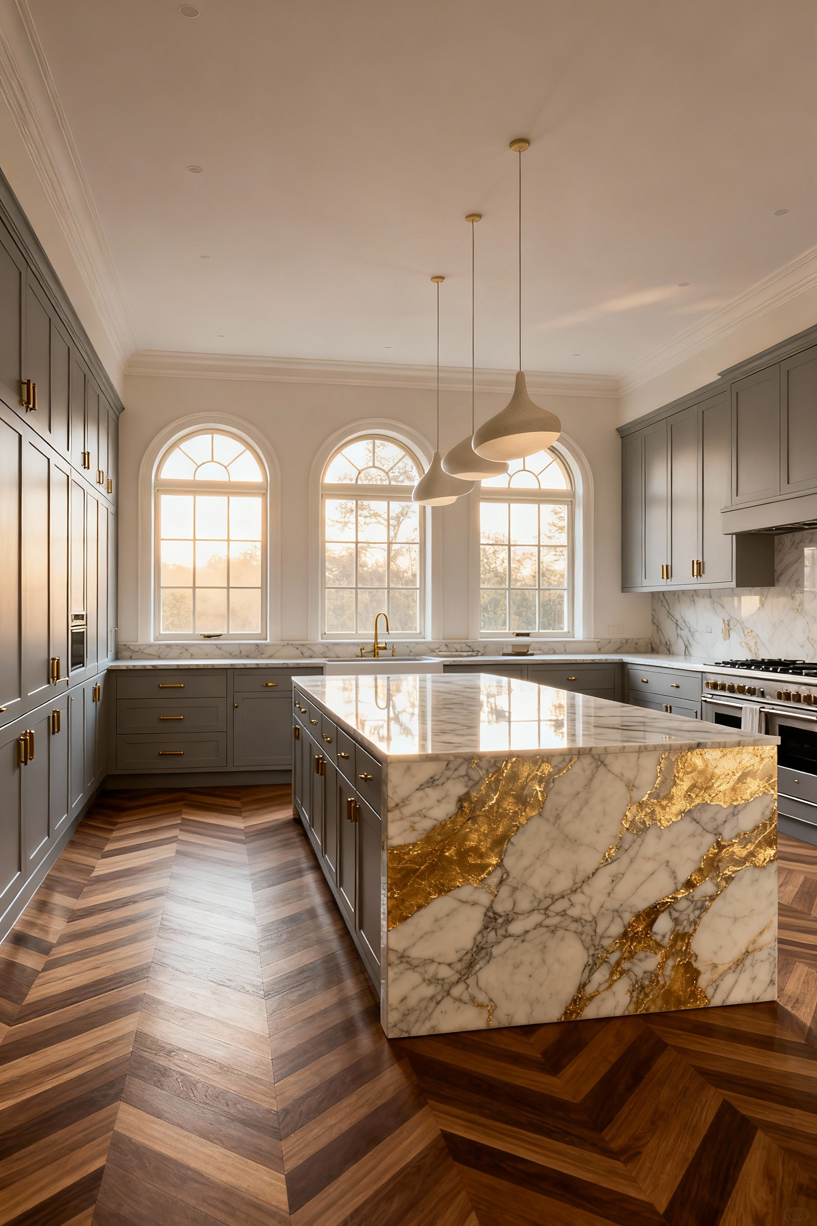 A full view of a luxurious, spacious kitchen featuring a detailed medium-toned oak herringbone floor pattern and a large Calacatta marble island, demonstrating spatial widening through flooring orientation.