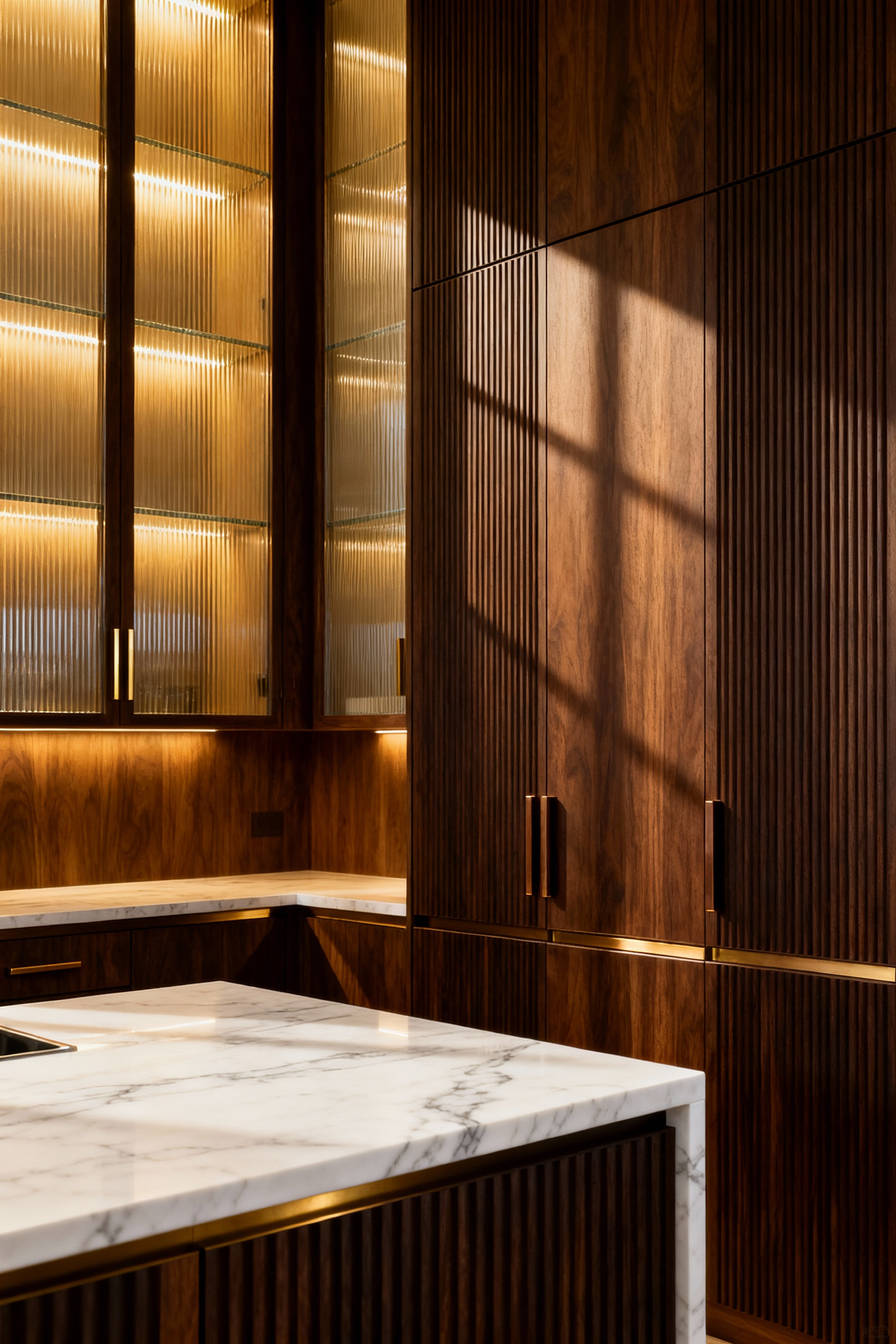 Luxurious kitchen design integrating dark fluted wood cabinetry and reeded glass panel doors, emphasizing vertical texture and high-end elegance.