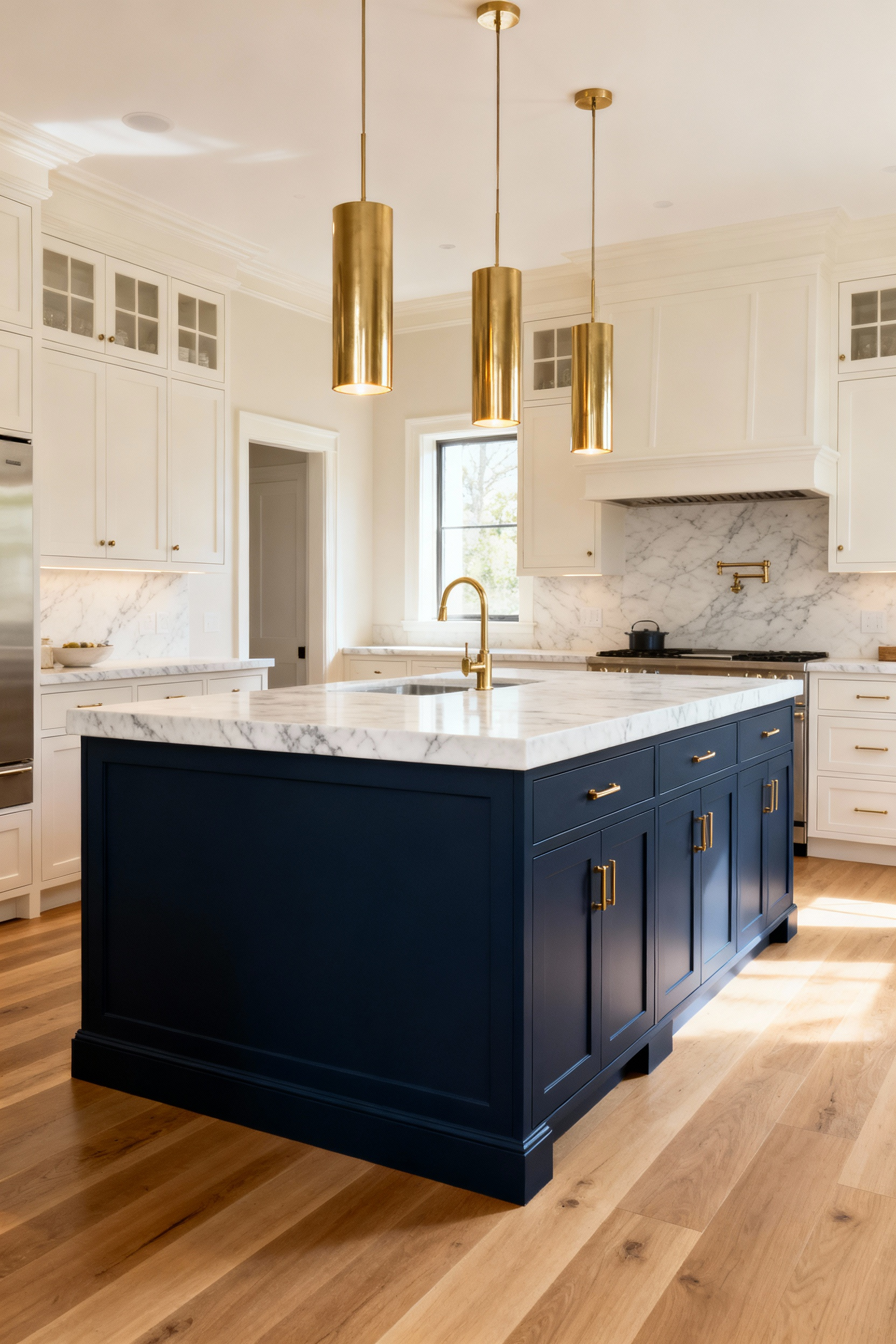 Luxurious kitchen design showing a deep Navy Blue kitchen island and lower cabinets balanced by crisp off-white upper cabinets and walls, illustrating the mixed-era palette of grounding heritage tones and modern neutrals.