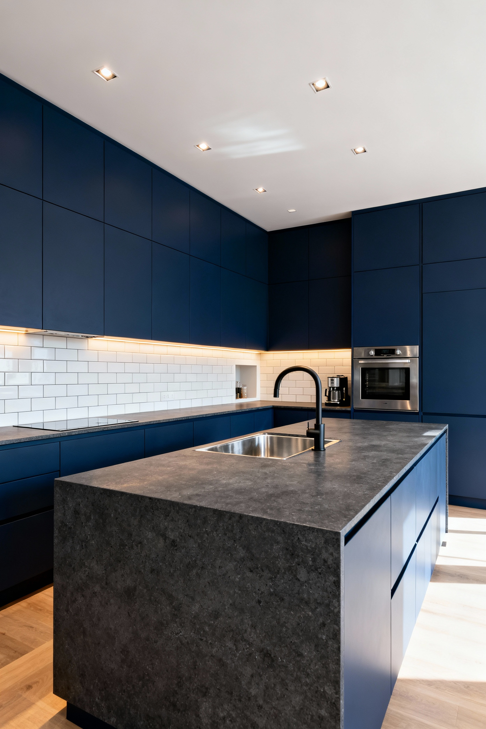 A photograph showing a luxurious, highly functional scullery kitchen featuring dark matte cabinetry, honed stone countertops, an industrial sink, and built-in appliances like a secondary oven and coffee station, designed to handle heavy kitchen prep away from the main entertaining space.