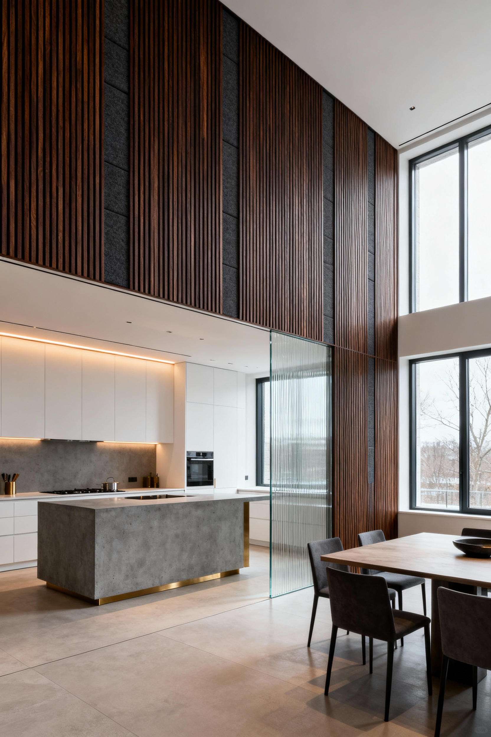 Modern open-concept kitchen featuring dark walnut slatted acoustic wall panels for sound dampening, seamlessly integrated with a minimalist concrete island and separated from the adjacent room by a fluted glass partition.