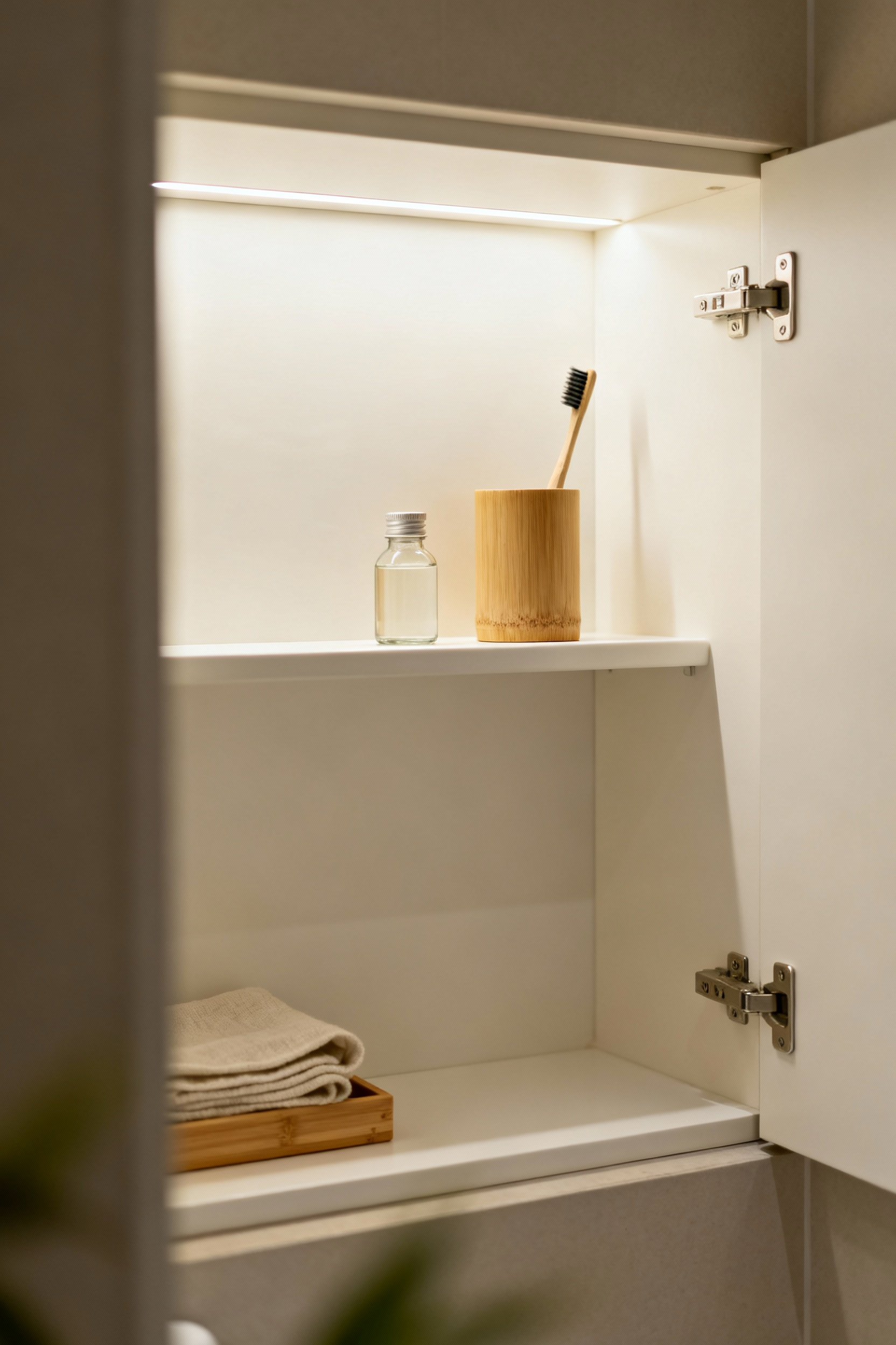 Minimalist Zen bathroom cabinet with natural bamboo and white ceramic organizers, featuring an empty space on a shelf, symbolizing micro-purging and continual decluttering practices.