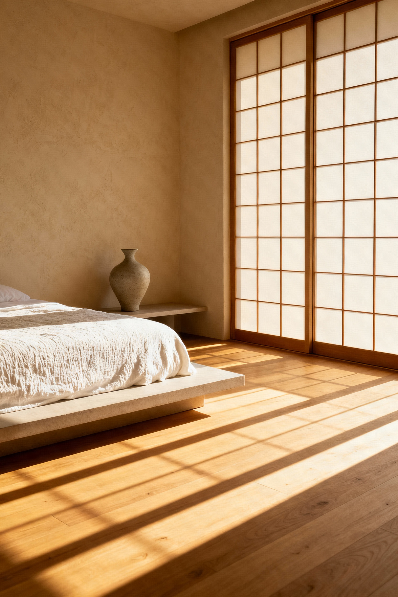 A highly minimalist bedroom interior emphasizing intentional negative space (Ma) with strong, directional golden sunlight streaming across the light wood floor, creating a quiet, restful sanctuary.