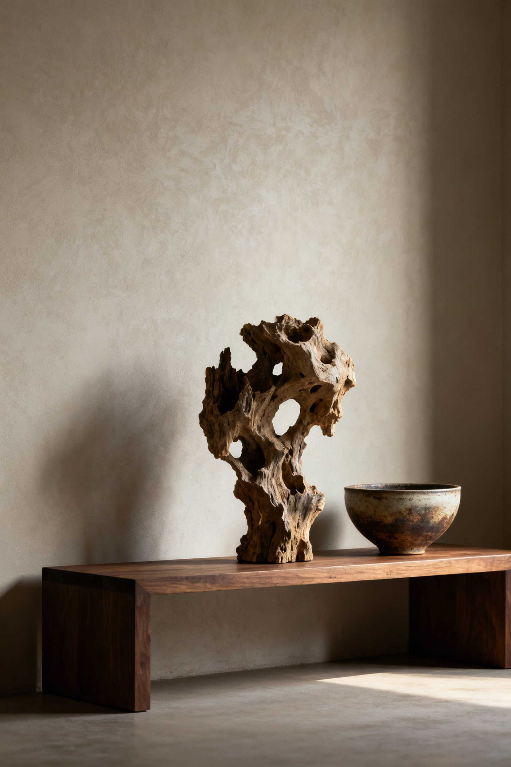 A thoughtfully arranged display of a unique, weathered piece of driftwood and a rustic ceramic bowl on a minimalist console in a bright, coastal living room, demonstrating the Mitate concept of recontextualized artifacts with ample negative space. Natural light illuminates the textured objects.