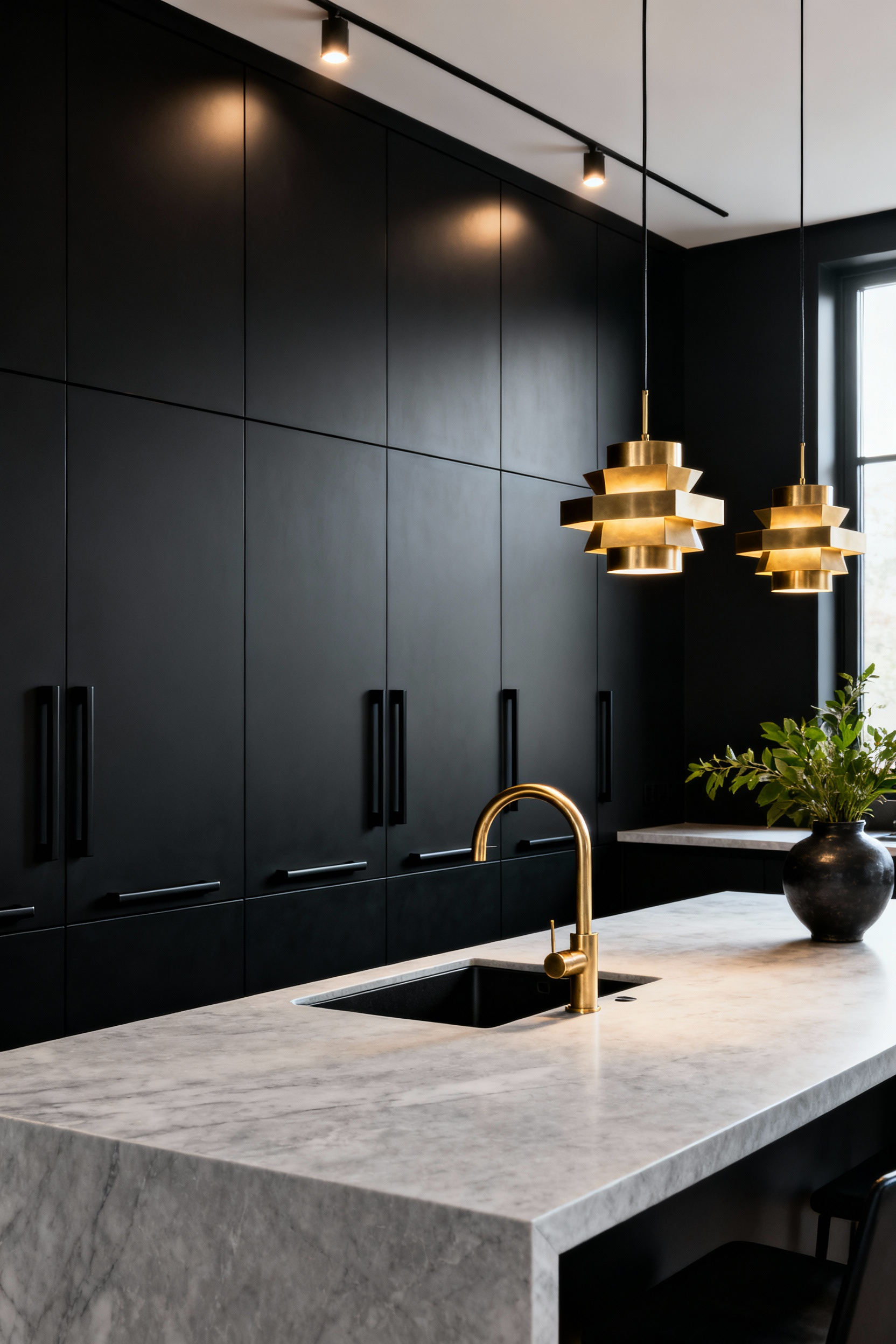 A modern kitchen utilizing the mixed-metals trend, featuring dominant matte black flat-panel cabinets and accents of radiant brushed brass fixtures including a faucet and pendant lights over a marble island.