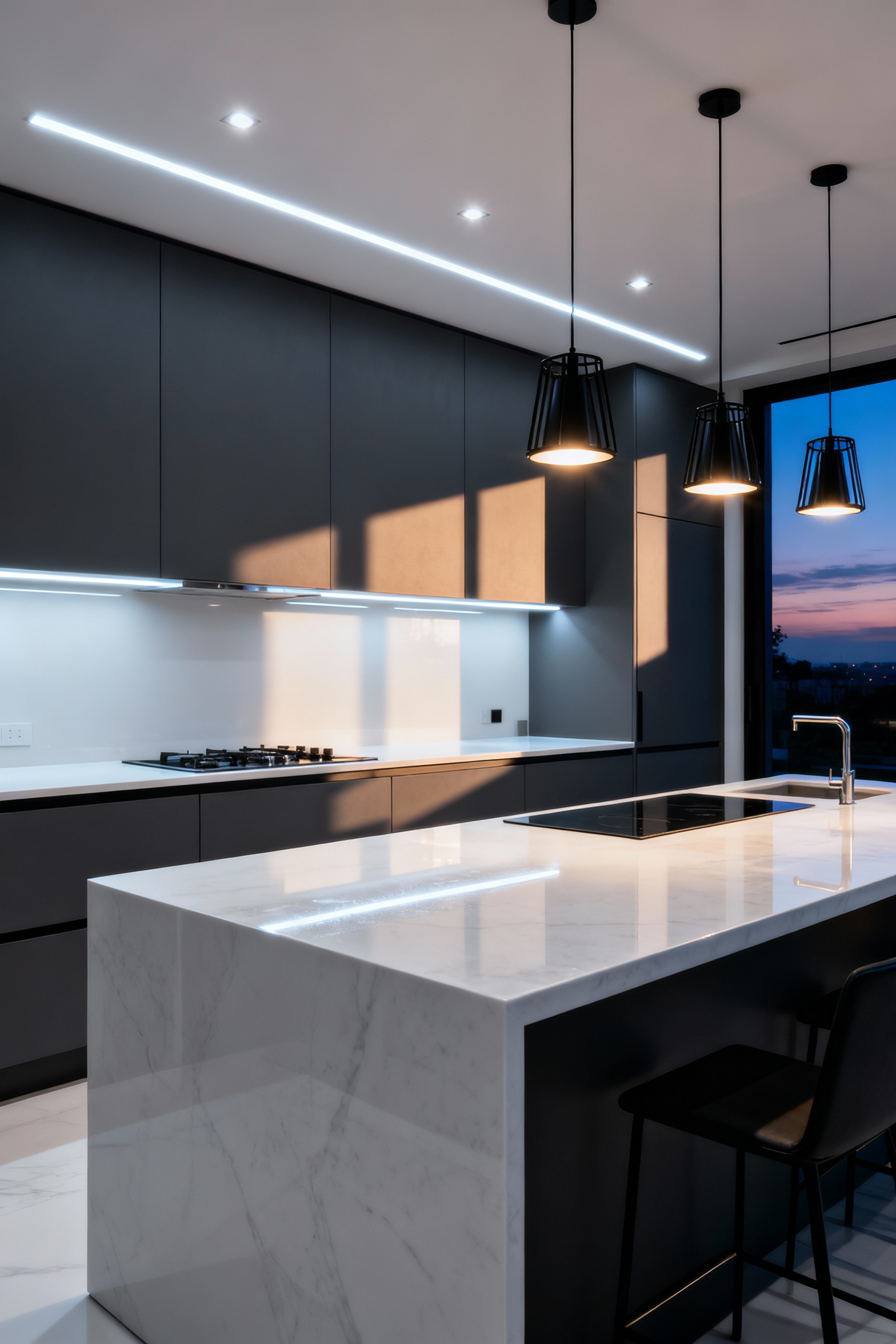 A modern, minimalist kitchen showcasing layered architectural lighting, featuring bright, cool white linear LED task lighting mounted at the front edge of upper cabinets to eliminate counter shadows, contrasted by warm sculptural pendant lights over the central island.