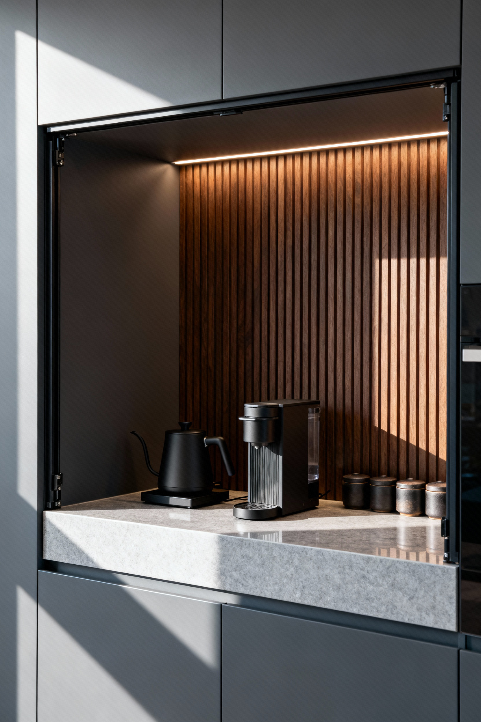 A built-in modern coffee and tea station with retracted pocket doors recessed into minimalist dark cabinetry, featuring warm walnut wood paneling and minimalist styling for a functional ritual zone.