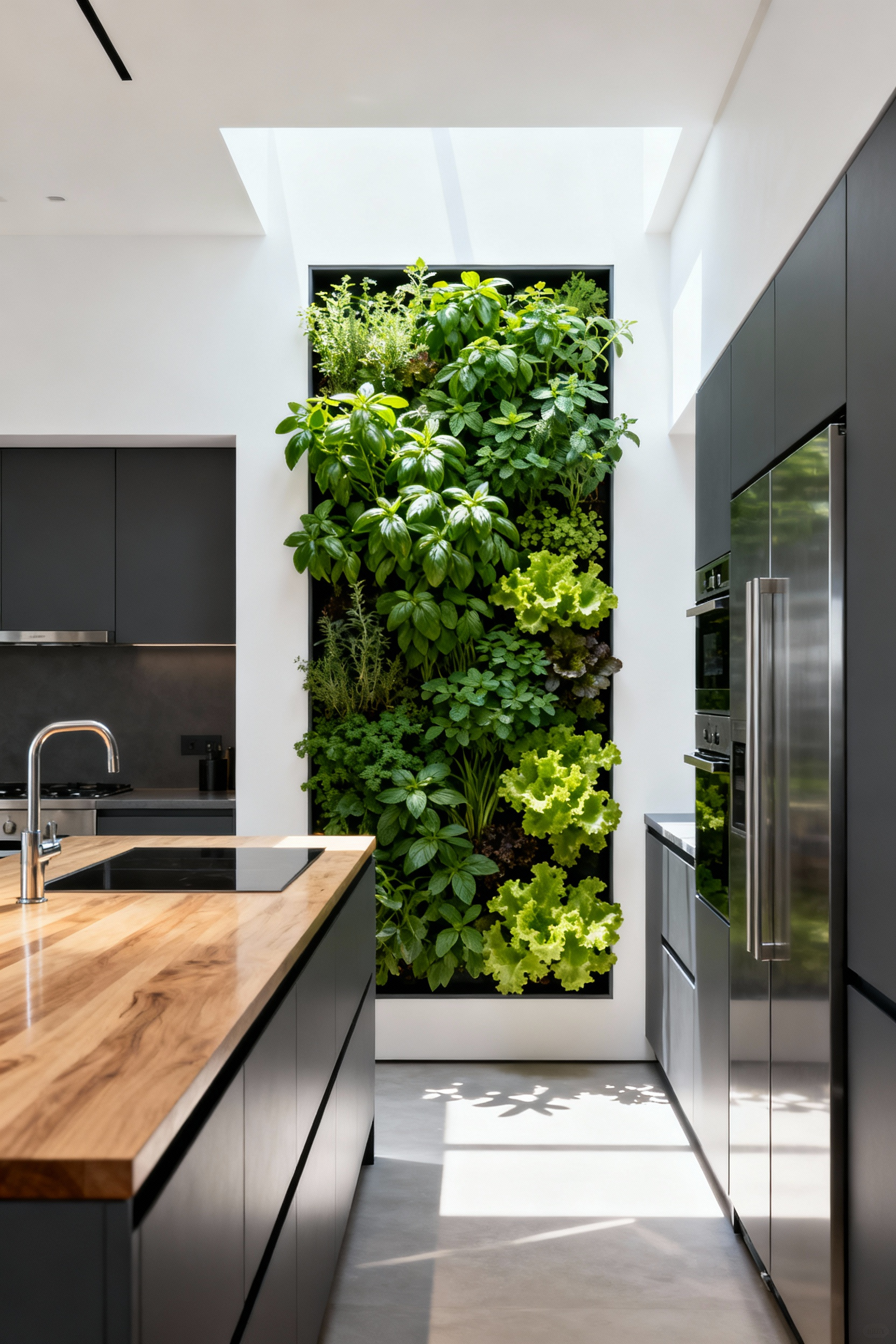 A vibrant, modern kitchen featuring a sleek, integrated vertical biophilic living wall densely planted with fresh herbs like basil and mint, positioned above a minimalist light wood countertop. The design balances high-tech precision with natural greenery.
