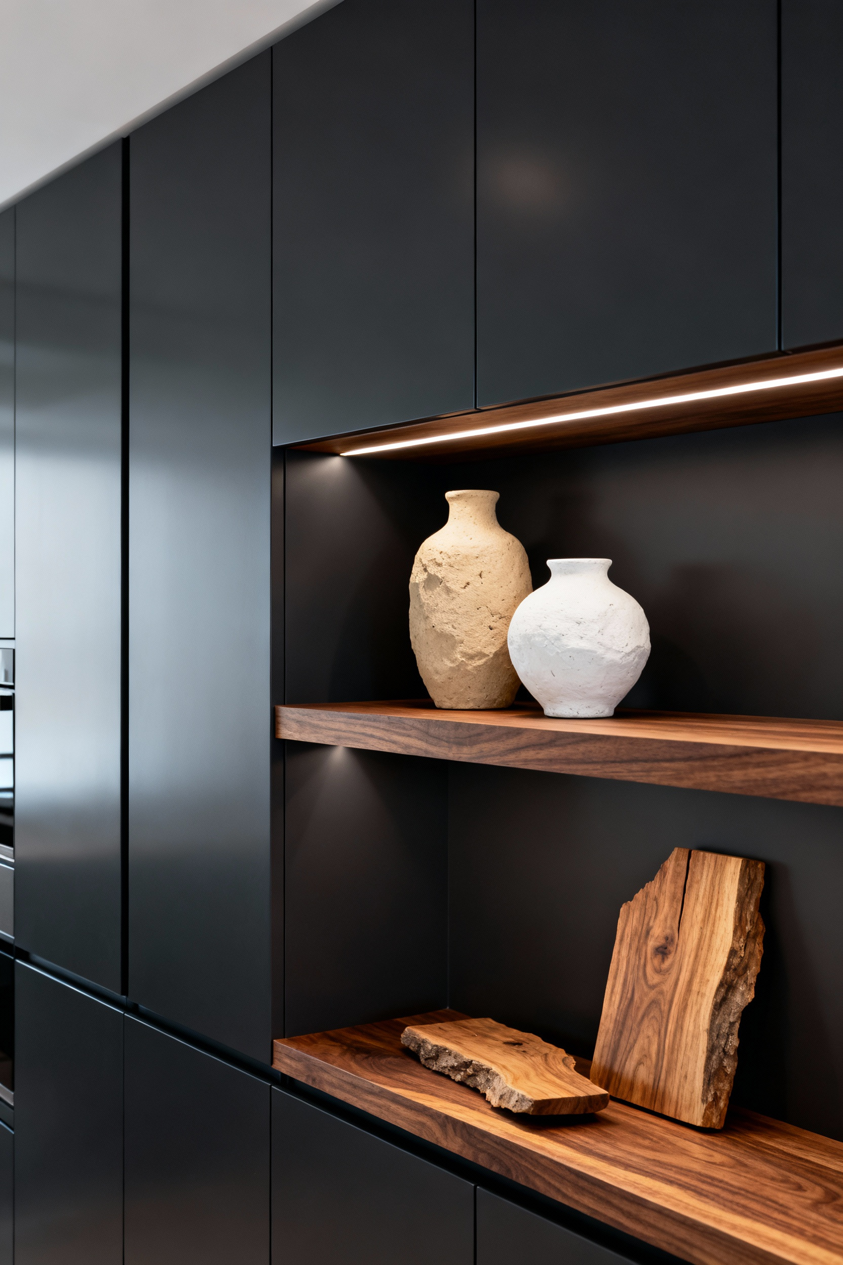 Sleek, modern kitchen featuring dark gray glossy cabinetry contrasted with warm walnut open shelving displaying curated artisanal ceramics spotlighted by hidden LED strip lighting.
