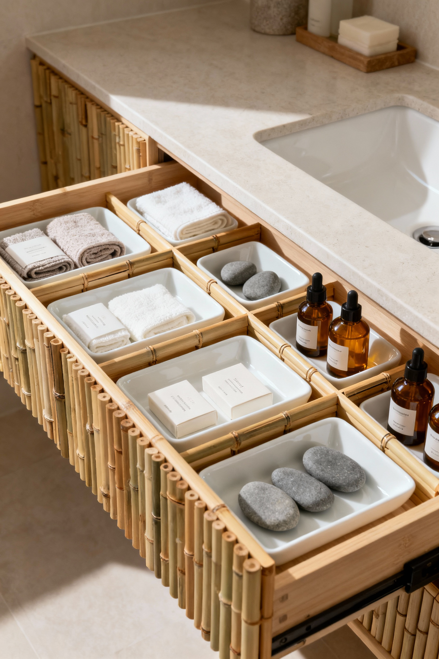 An open bathroom drawer meticulously organized with natural bamboo interlocking divisions and white ceramic compartmentalized trays, holding minimalist toiletries, reflecting Zen design principles.