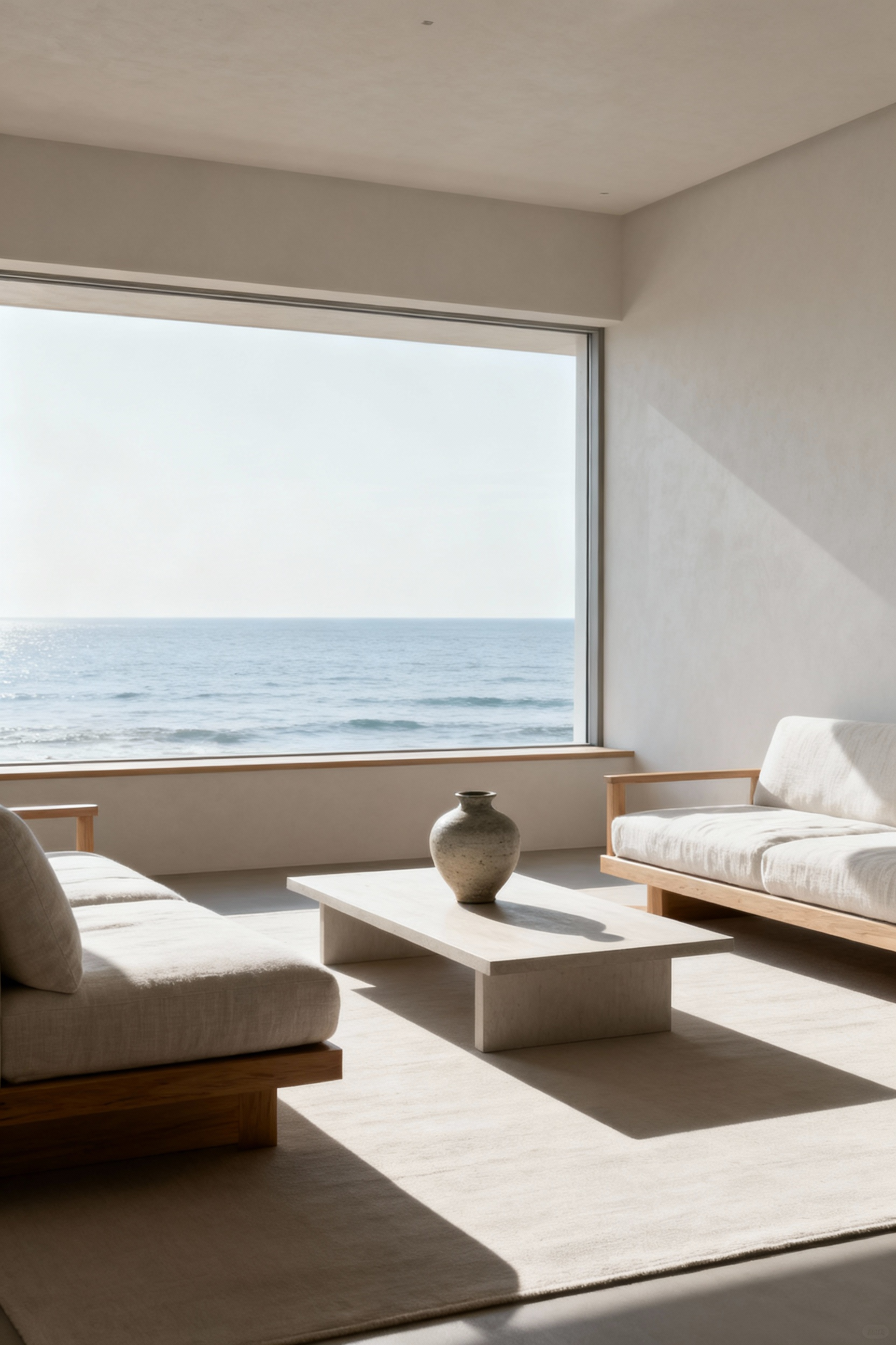 A serene coastal living room showcasing minimalist design and abundant negative space, with light wooden furniture, a ceramic vase, and large windows overlooking the ocean, embodying visual tranquility through the 'Ma' concept.