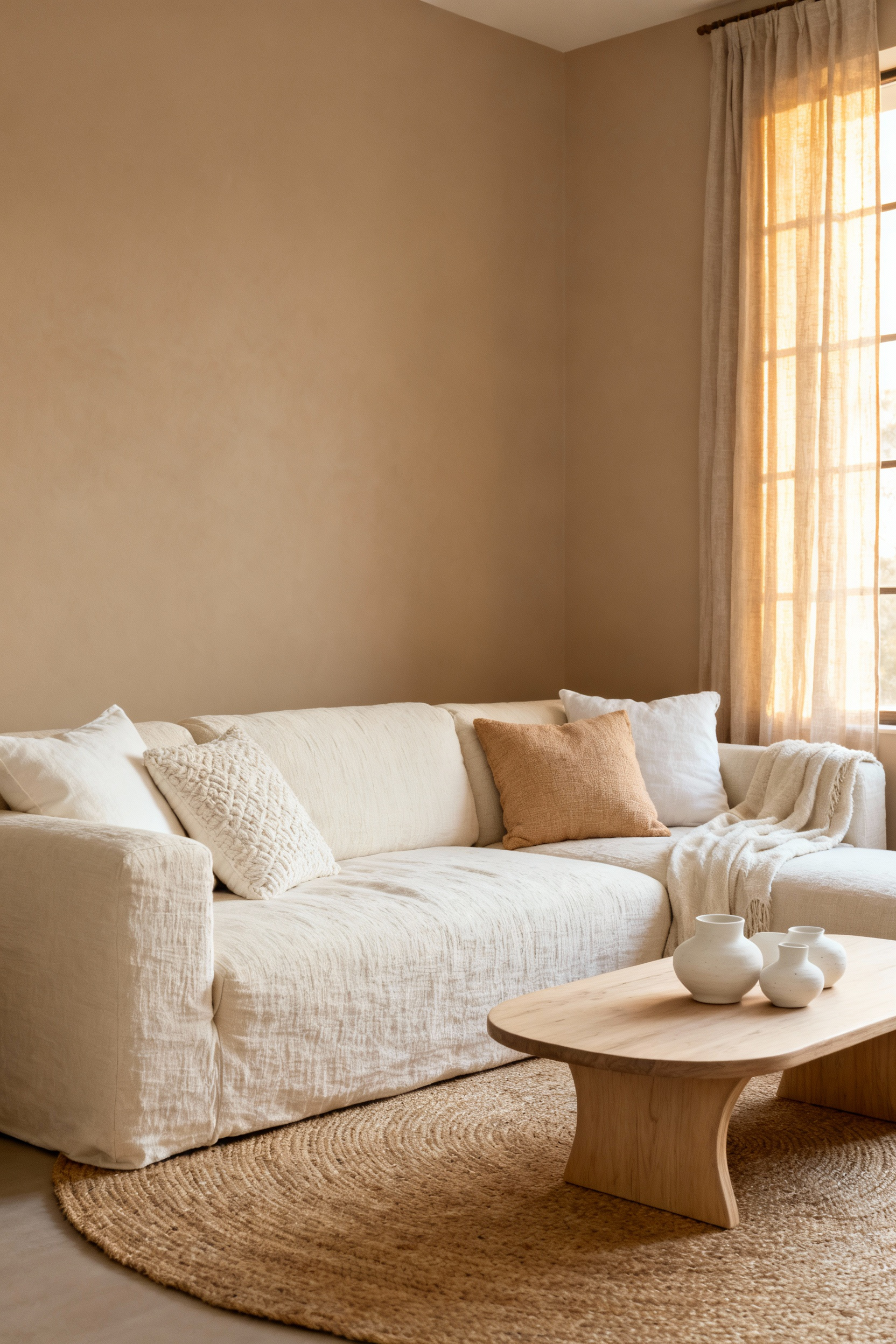 A serene bohemian living room featuring a large sand-colored linen sofa, jute rug, and warm beige walls, illustrating a calming neutral foundation.