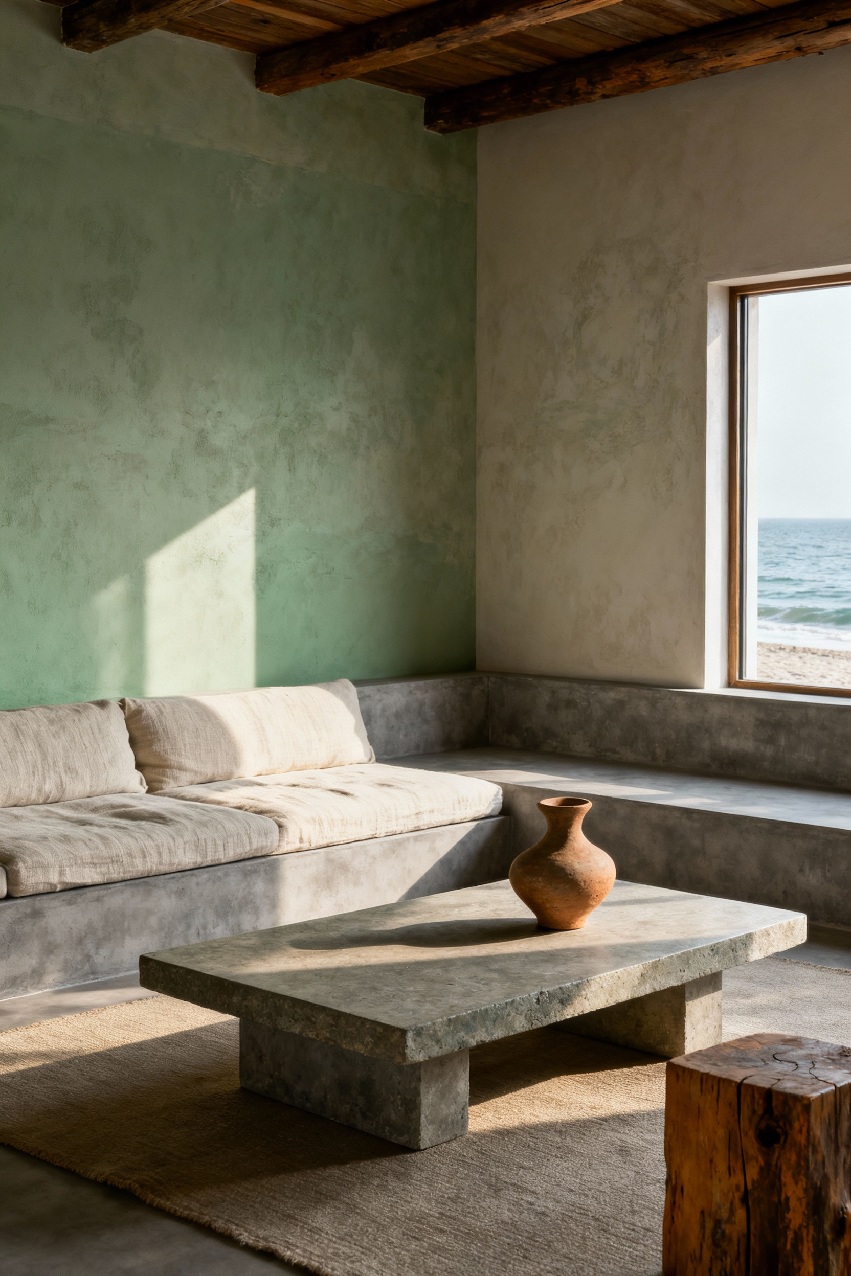 Coastal living room with Japanese aesthetic, featuring a nuanced palette of desaturated earth tones: warm grey polished concrete, muted sage green textiles, aged ochre wood, and limewash walls. Unbleached linen sofa, earthenware, and honed stone coffee table under diffused natural light, conveying serenity and tranquility.
