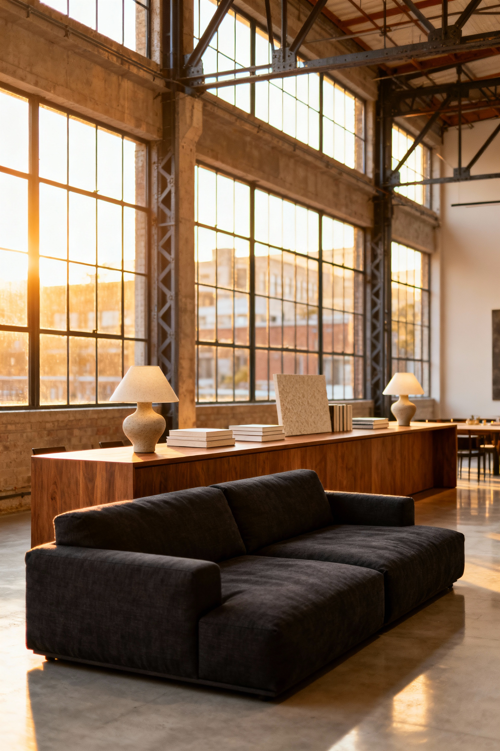 Open-plan living room divided by a dark walnut console table placed behind a charcoal floating sofa, effectively zoning the lounge area from the dining area.