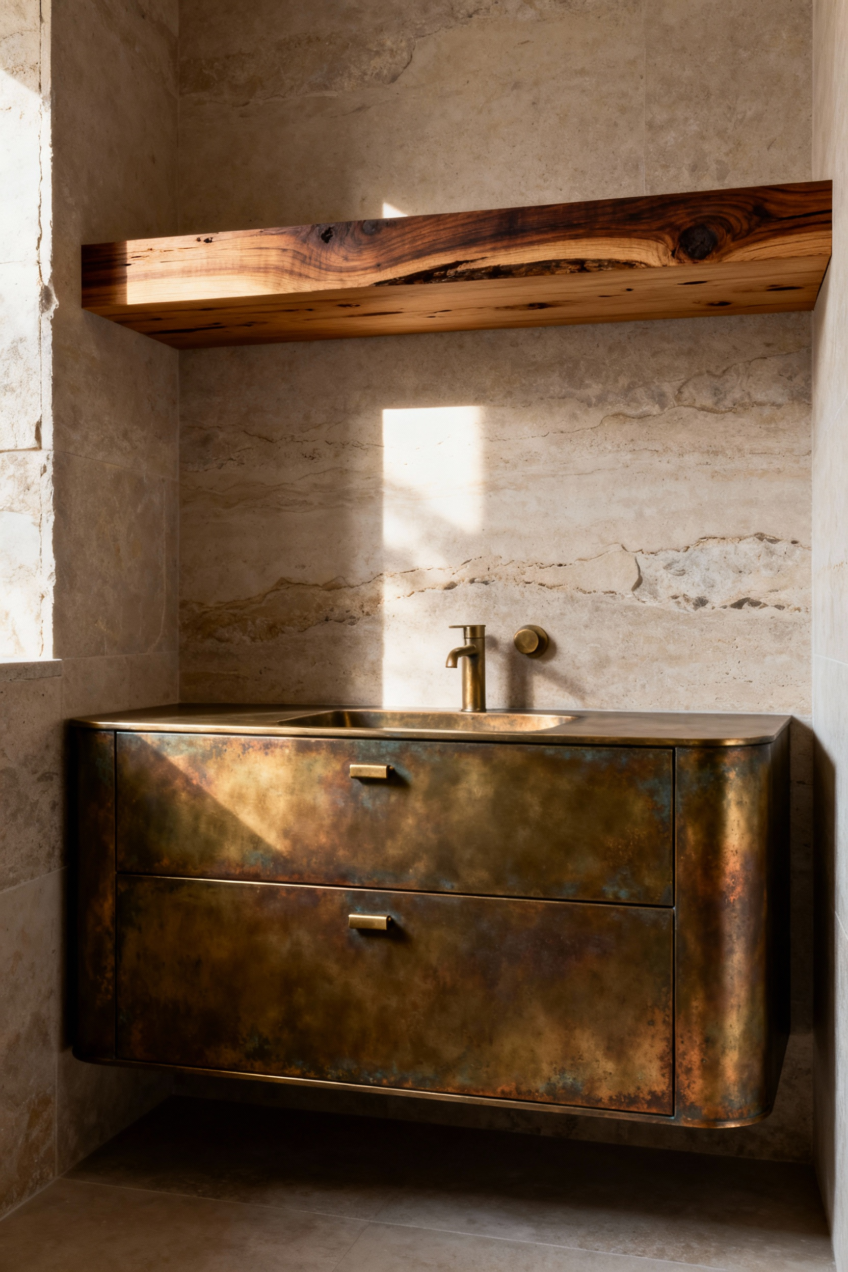 Minimalist zen bathroom featuring storage elements made from unlacquered brass and aged hinoki cypress, showcasing a beautiful, evolving patina on the surfaces.