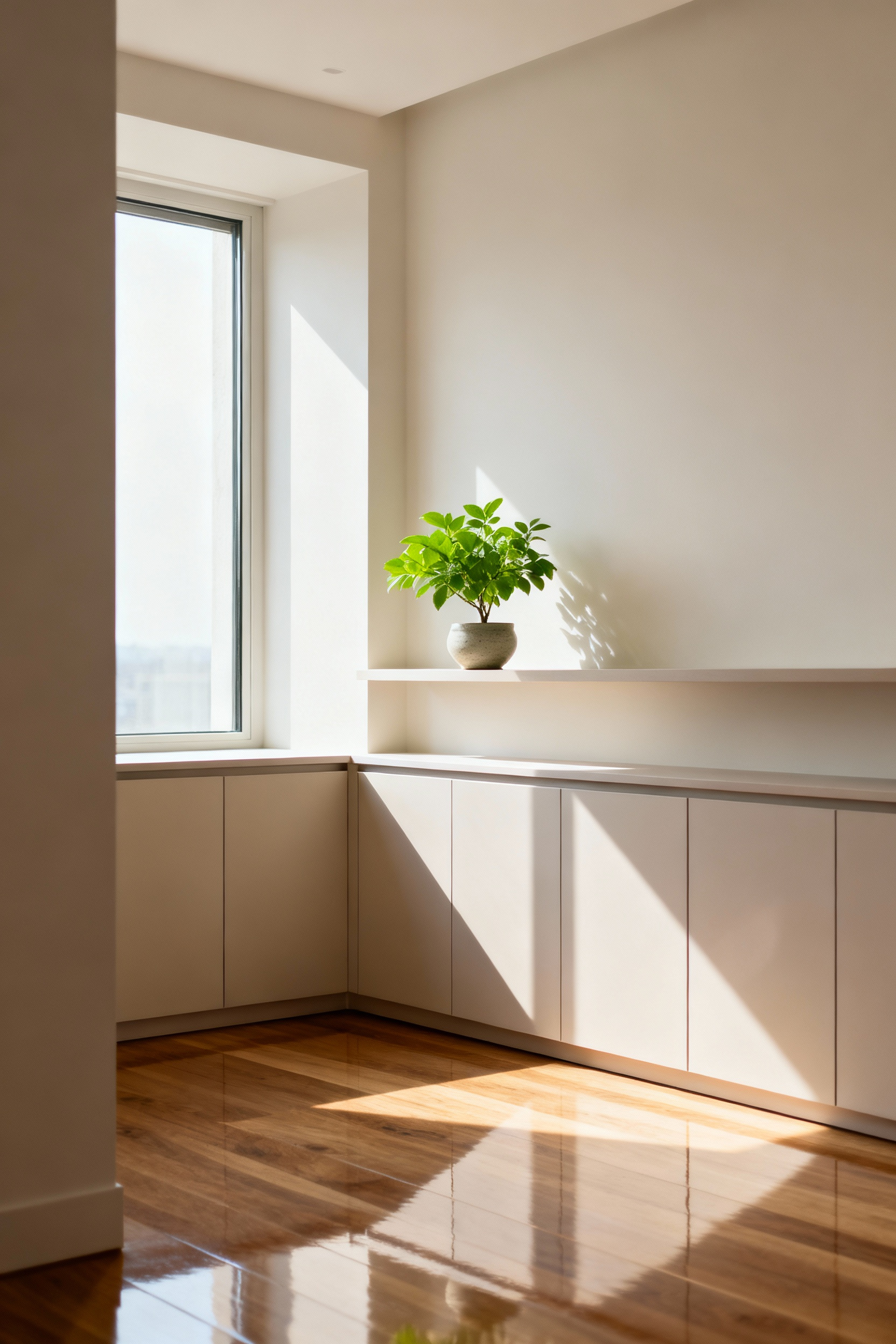 A serene, minimalist apartment living room with hidden storage solutions, soft natural light, and a single green plant, embodying effortless daily tidiness and sustained calm.