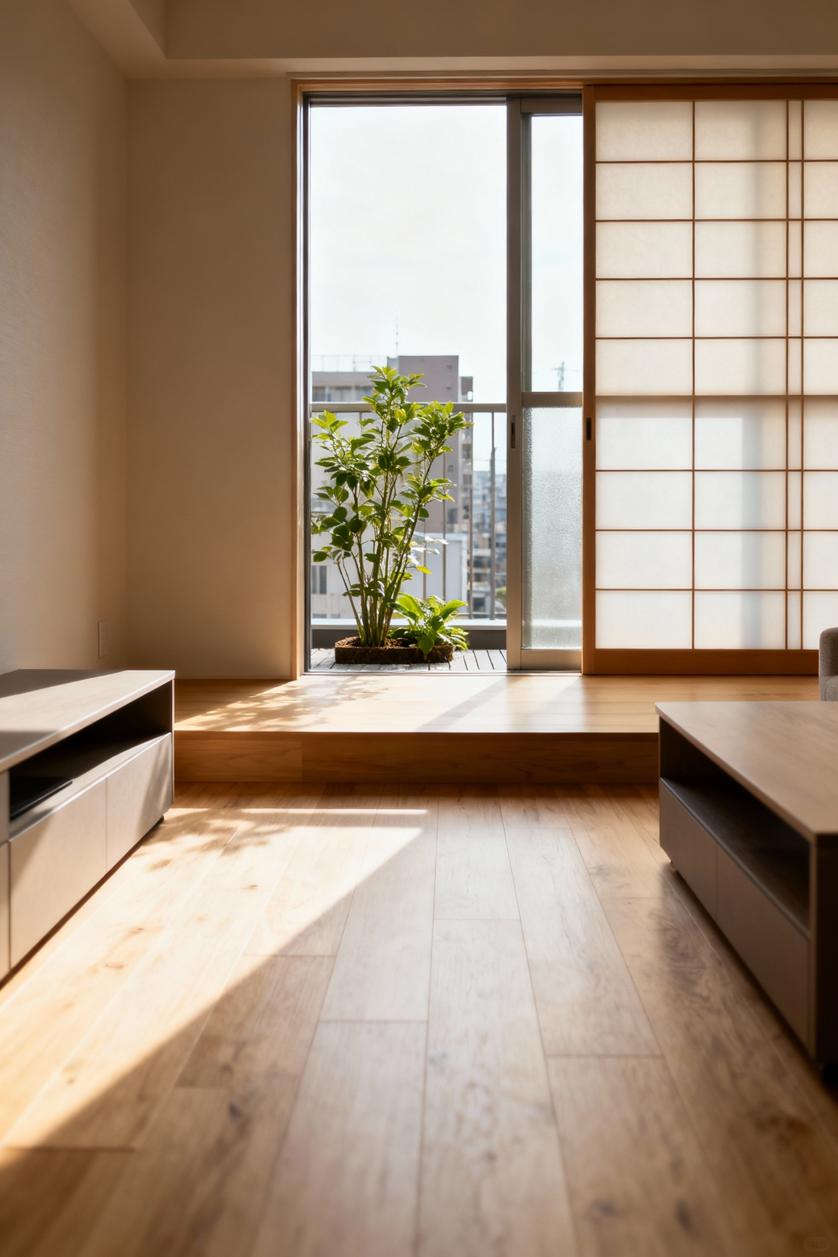 Zen apartment living room, engawa design, indoor-outdoor visual flow, shoji screens, minimalist decor, natural light, plant arrangement, seamless flooring transition, urban view
