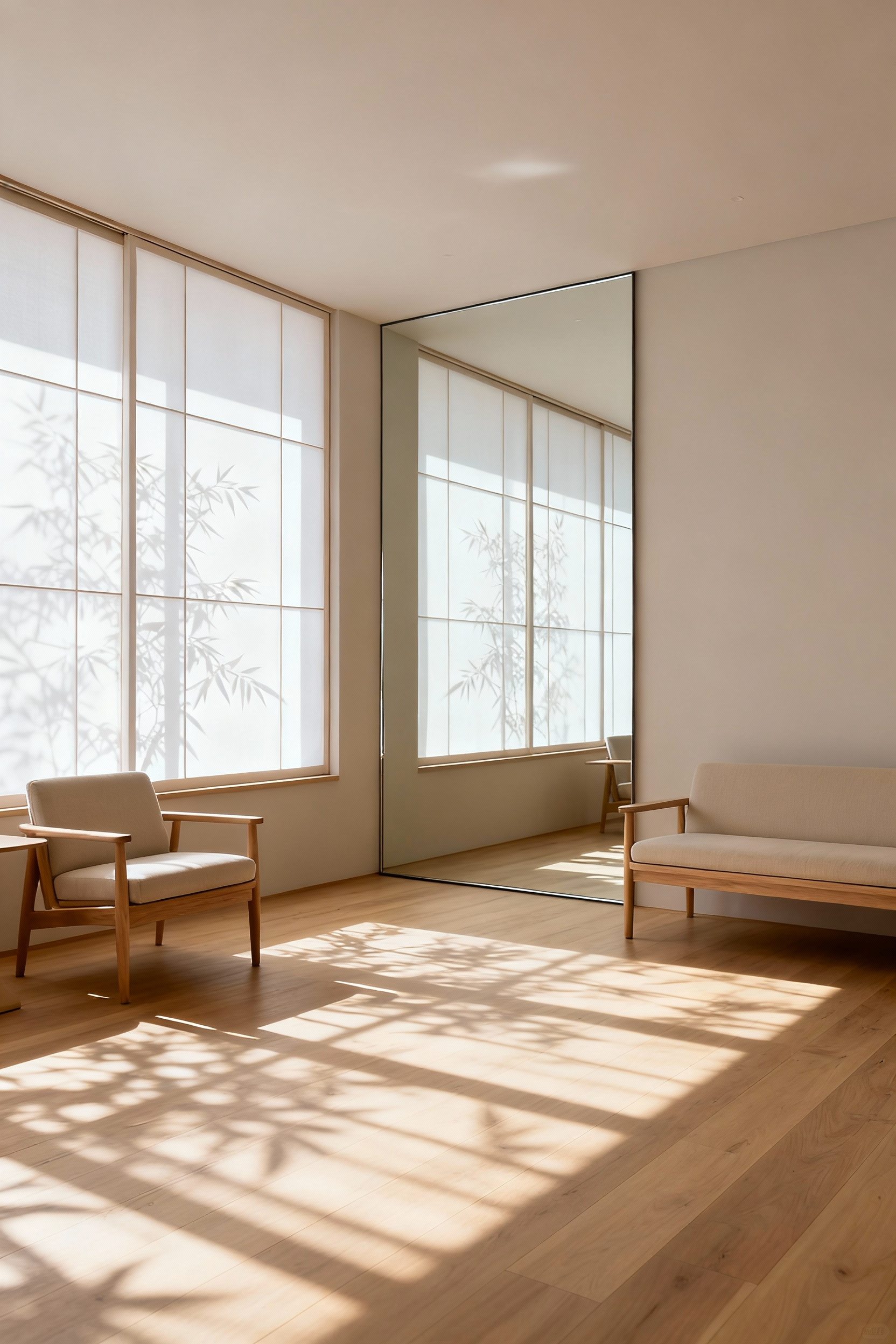 Minimalist apartment living room with abundant natural light filtering through sheer curtains, creating 'Komorebi' patterns on a pale, decluttered interior.