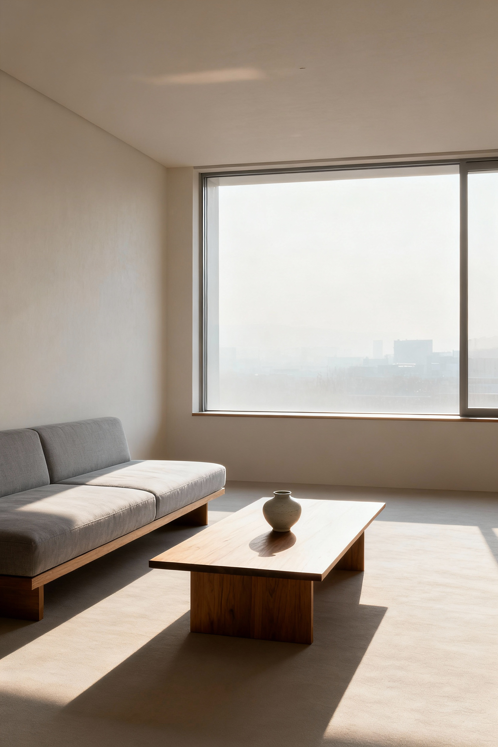 A minimalist apartment living room designed with 'Ma concept', showcasing deliberate empty space, natural light, a low-profile sofa, and clean lines for psychological openness.