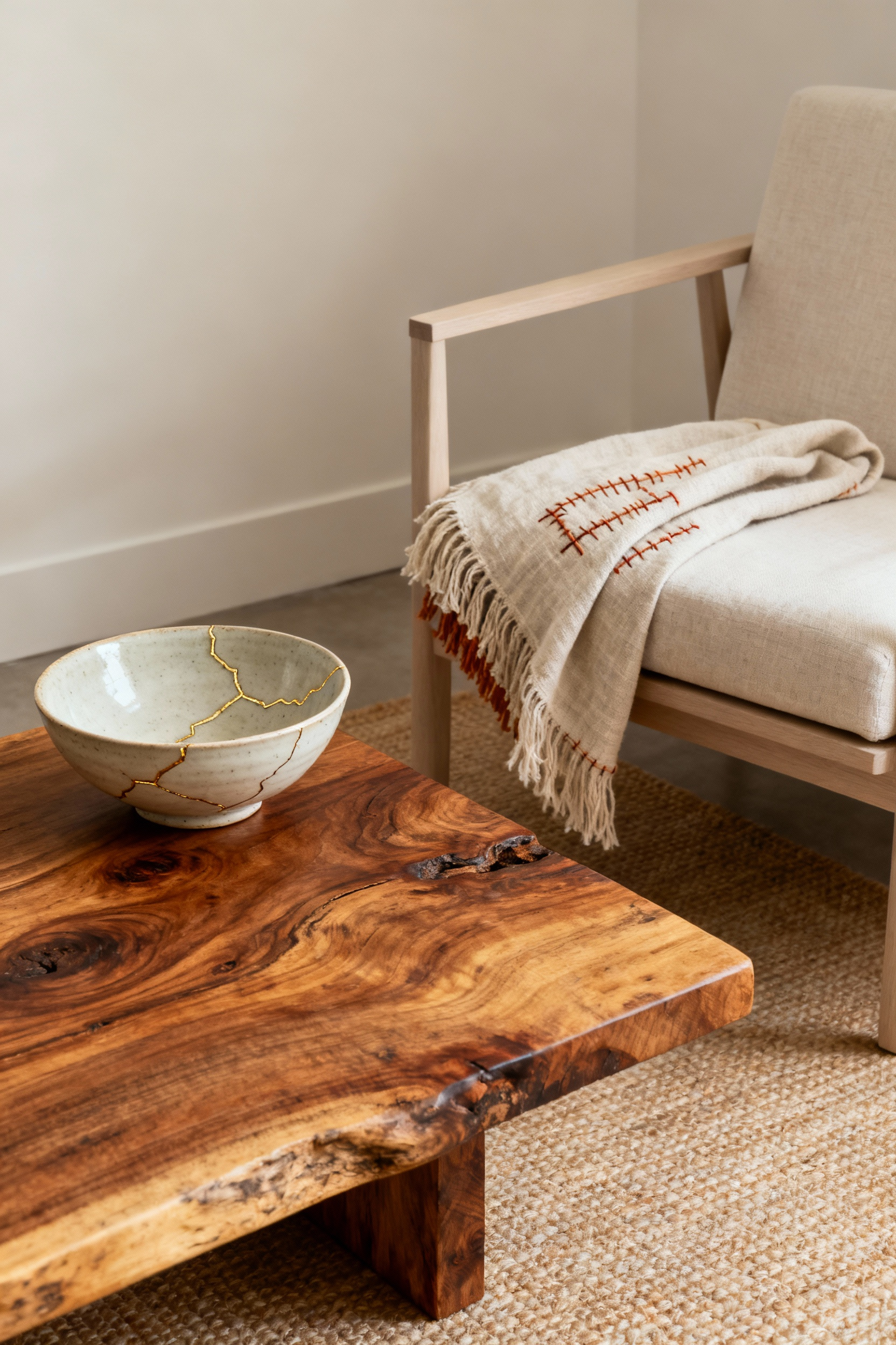 A serene apartment living room showcasing Kintsugi-inspired adaptability. A close-up view of an untreated wooden coffee table with natural patina, a ceramic bowl featuring delicate golden Kintsugi repairs, and a subtly mended linen throw, all bathed in soft natural light, highlighting beauty in imperfection and thoughtful design.