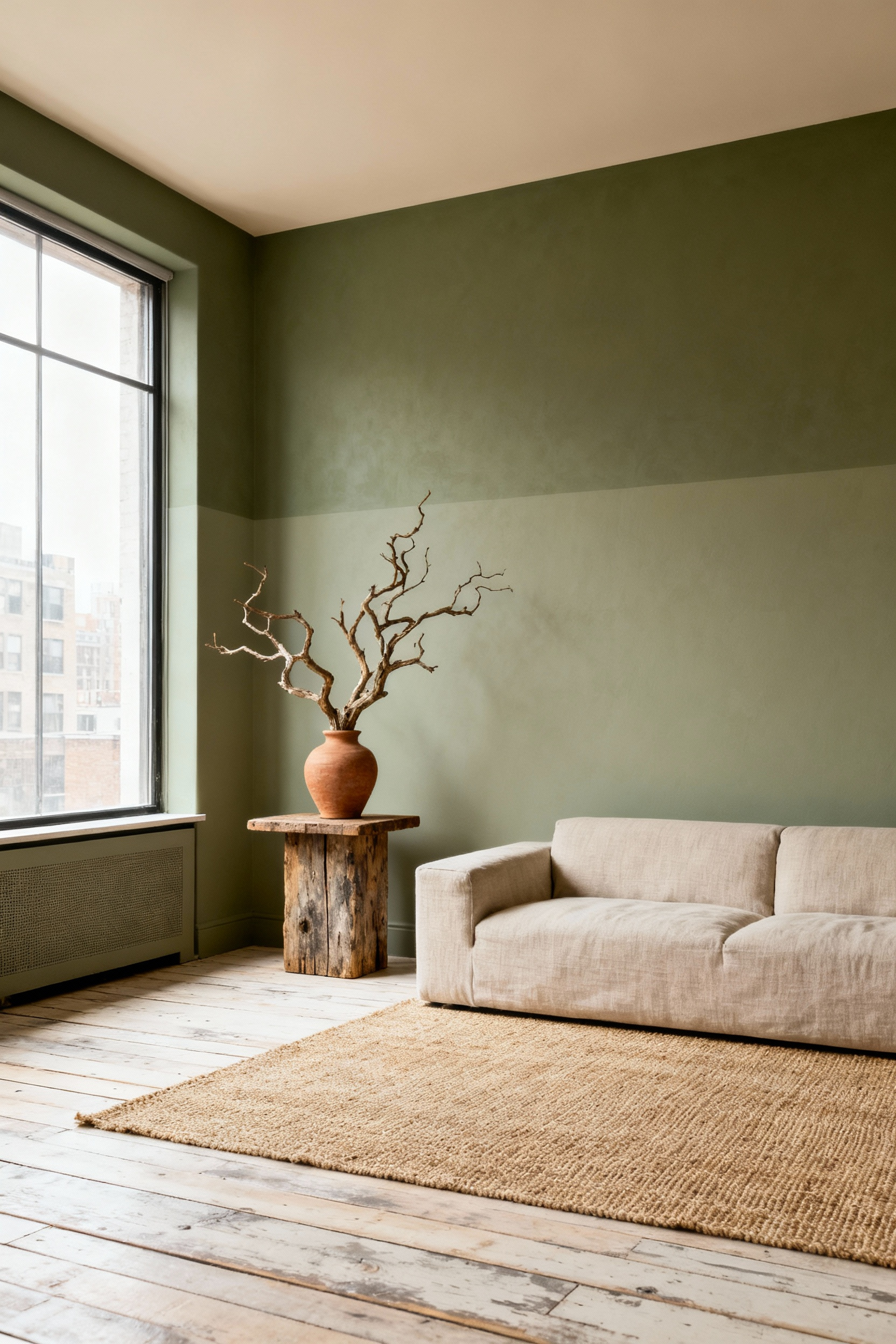 A serene apartment living room showcasing an earthen color palette with soft sage green walls, natural linen sofa, jute rug, and a terracotta vase with a dried branch, promoting visual expansion and calm.