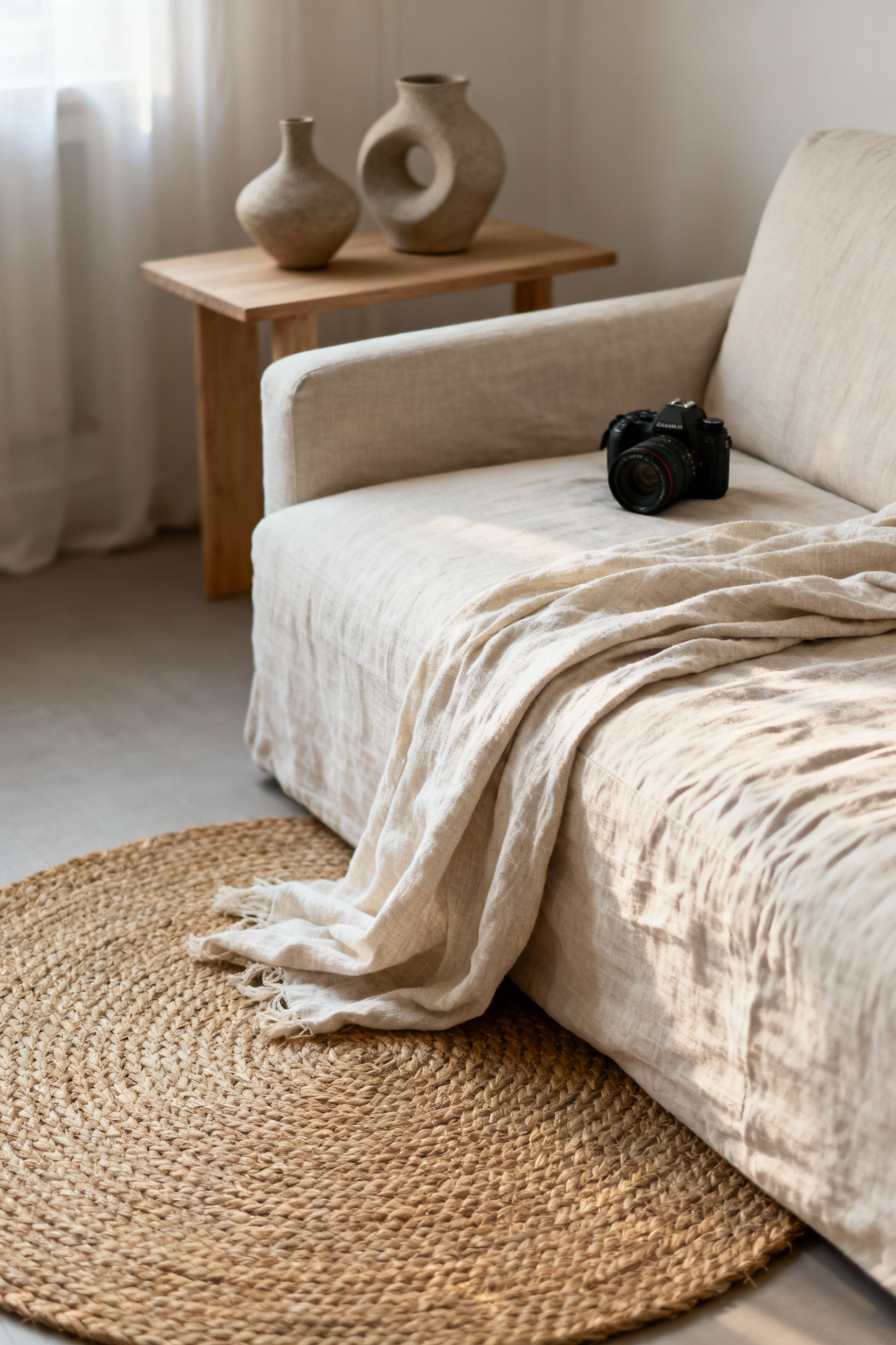 A portrait photo of a minimalist apartment living room corner featuring a low linen sofa, a hand-knotted jute rug, and natural wood accents under soft daylight, highlighting natural fiber textures for a Zen aesthetic.