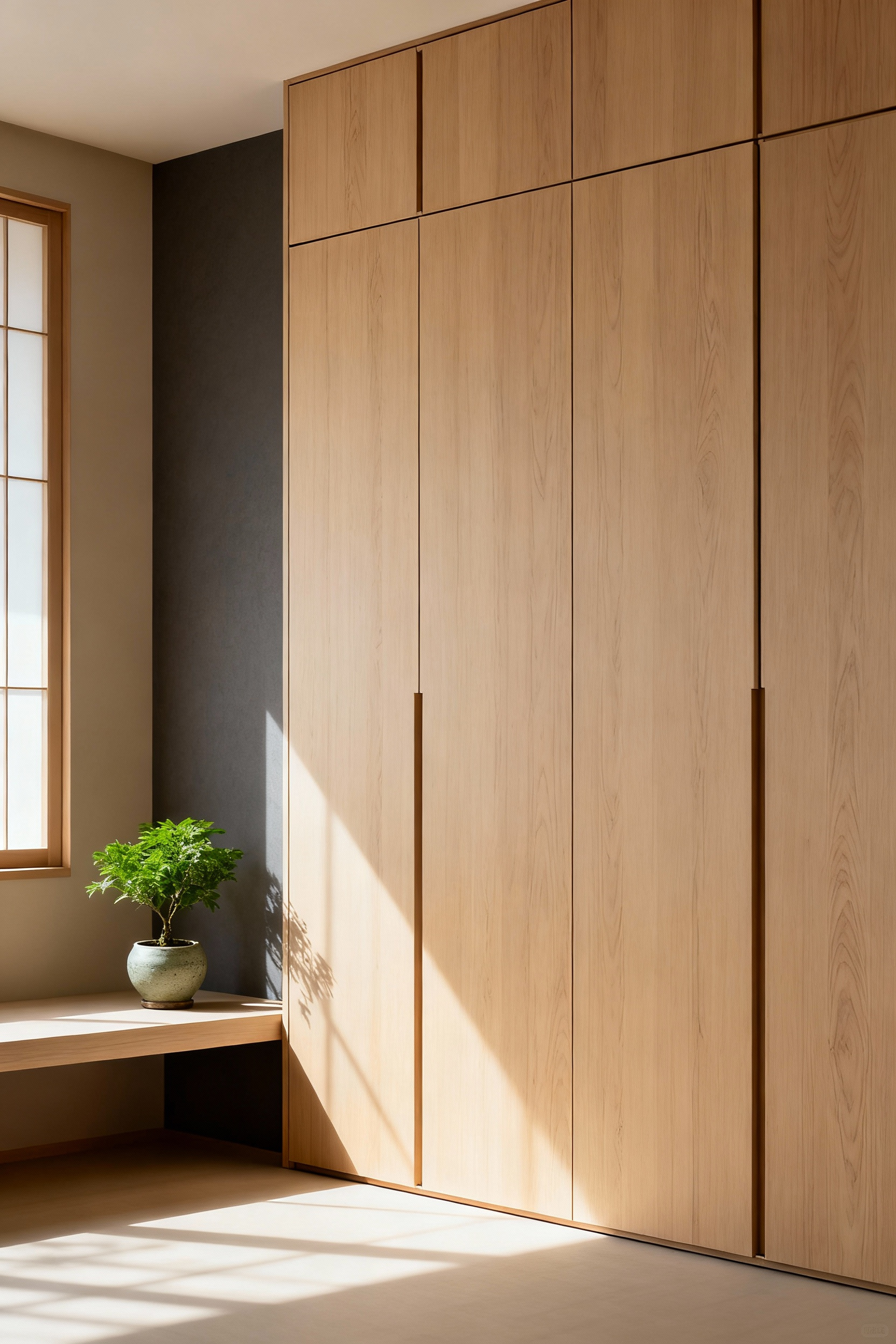 Zen apartment living room with integrated, concealed vertical storage units in light wood panels, designed to visually expand space and create a minimalist, serene environment. No visible clutter. Focus on seamless design.