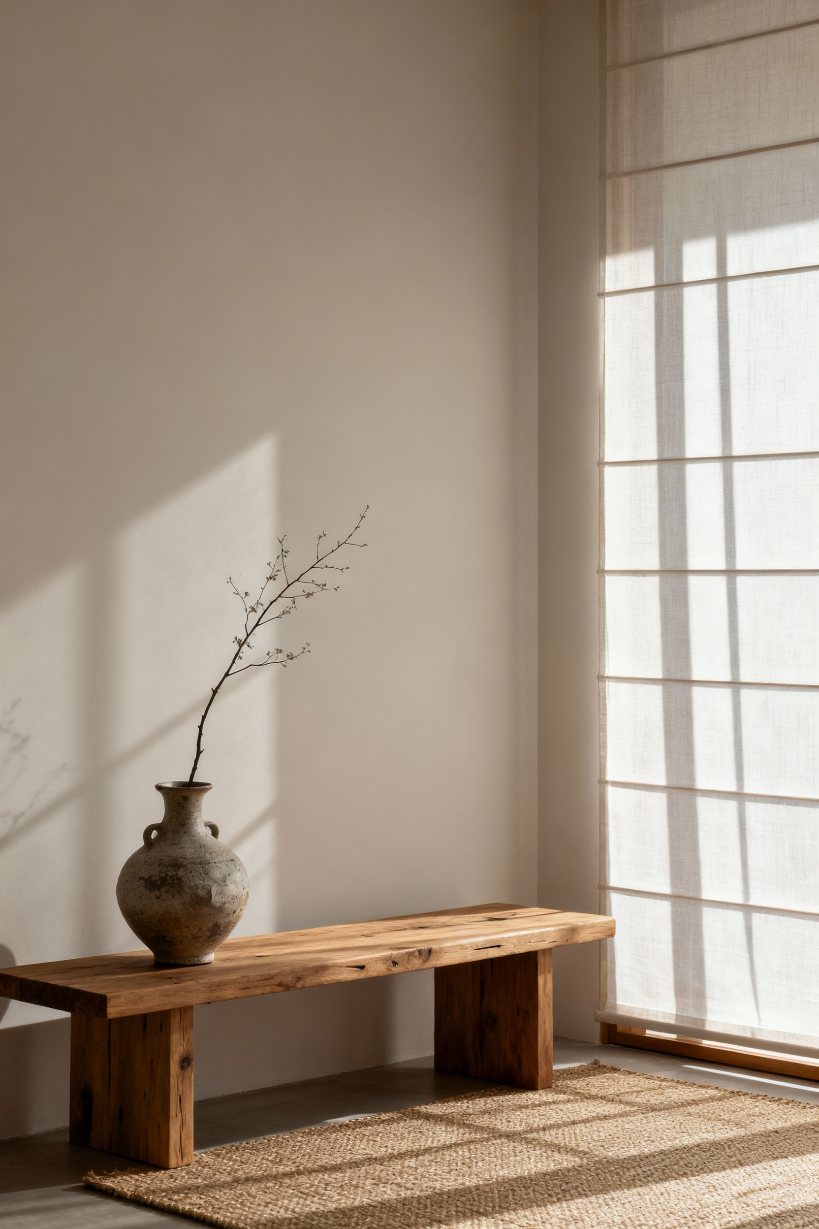 A serene apartment living room designed in Shibumi style, featuring a minimalist unfinished wooden bench, hand-thrown ceramic vase, natural fiber mat, and soft diffused natural light, emphasizing thoughtful restraint and spaciousness.