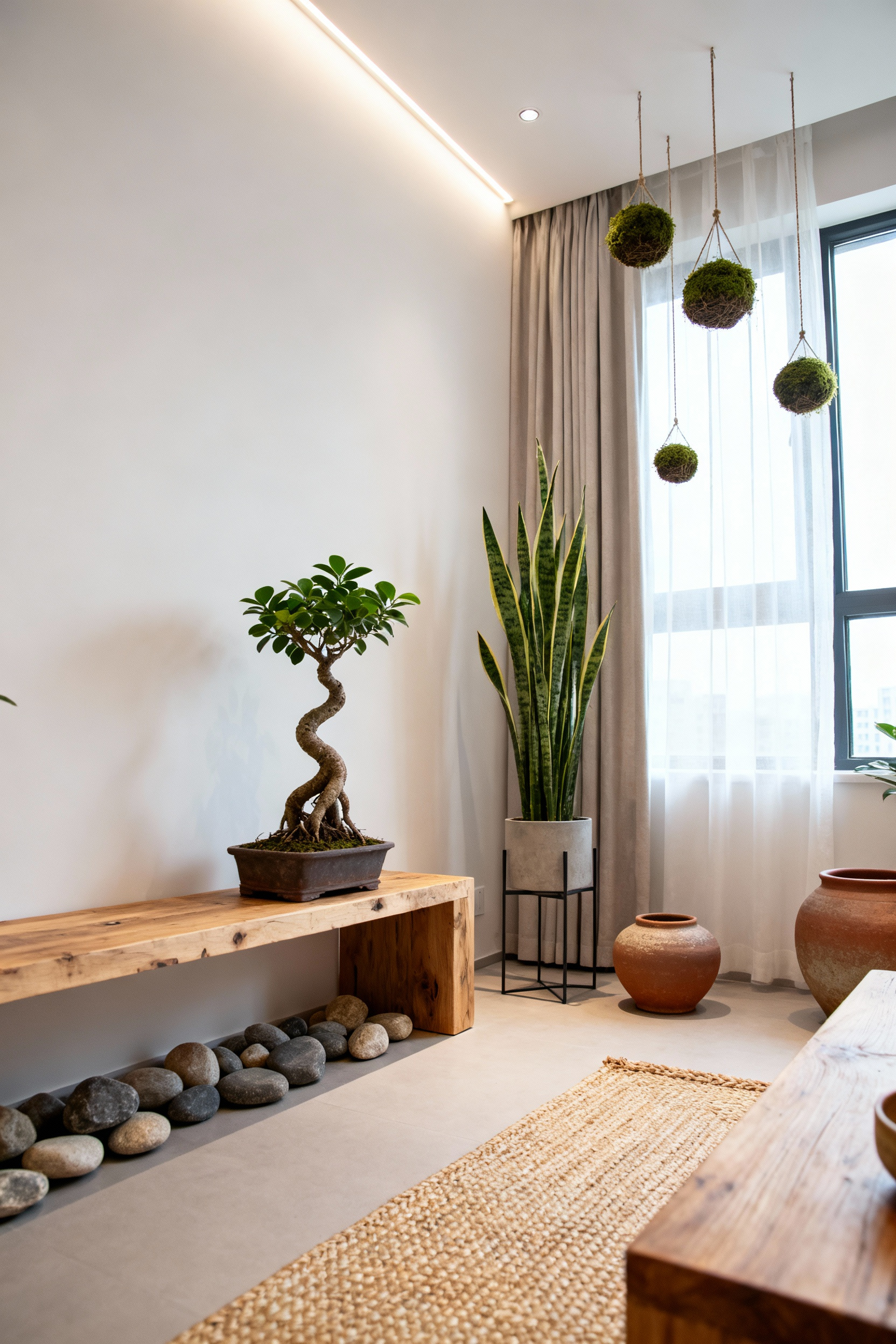 A minimalist apartment living room with various indoor plants, including a bonsai, Sansevieria, and hanging kokedama, alongside organic materials like wood and river stones, emphasizing biophilic design.