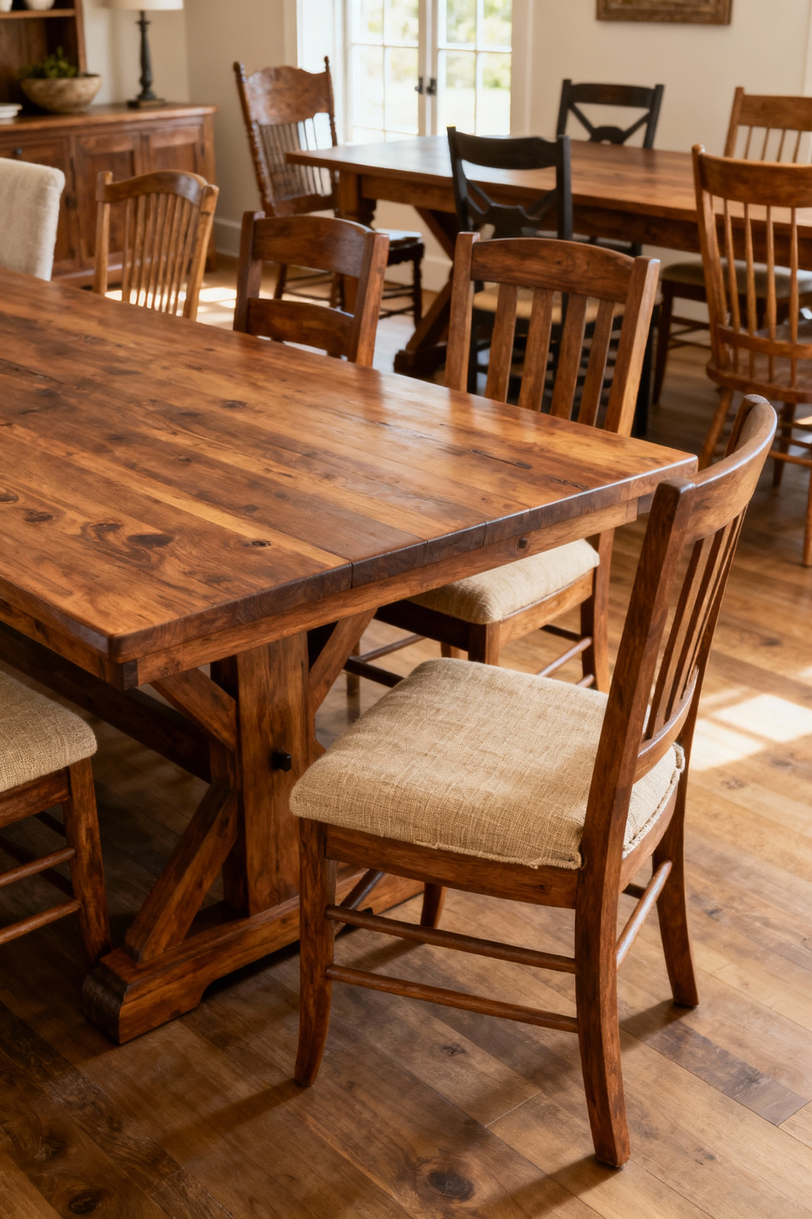 A farmhouse dining room featuring sturdy, handcrafted wooden chairs and a table, emphasizing ergonomic comfort and durable construction with natural light.
