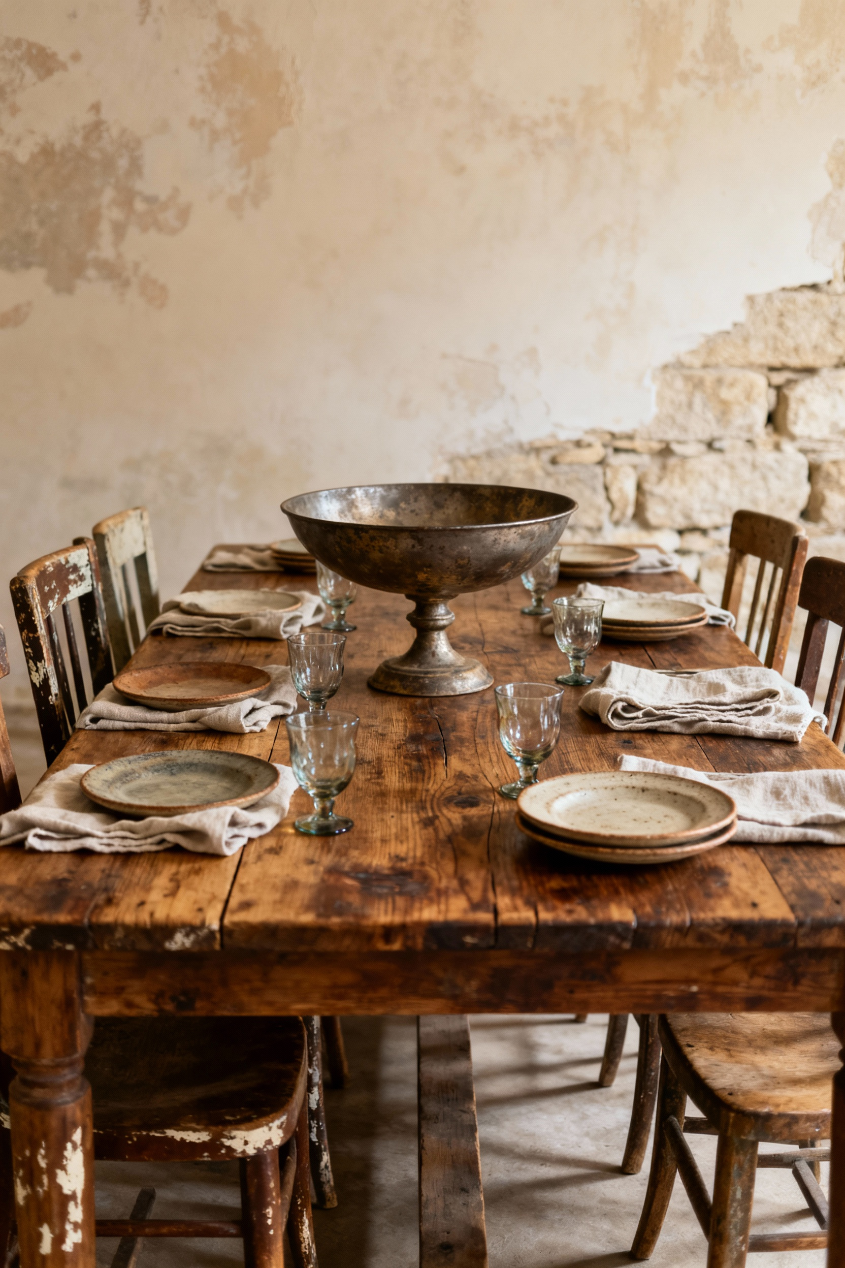 Farmhouse dining room embracing intentional imperfection, featuring an aged wooden dining table, mismatched vintage chairs, linen place settings, handcrafted ceramics, and unlacquered metal decor against a textured wall, all bathed in soft natural light.