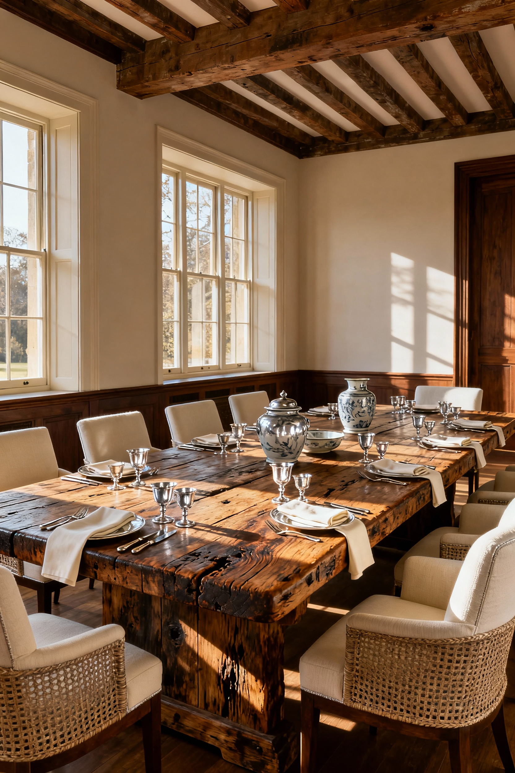 Substantial reclaimed timber dining table with unique patina in a rustic yet refined farmhouse dining room, surrounded by upholstered chairs.