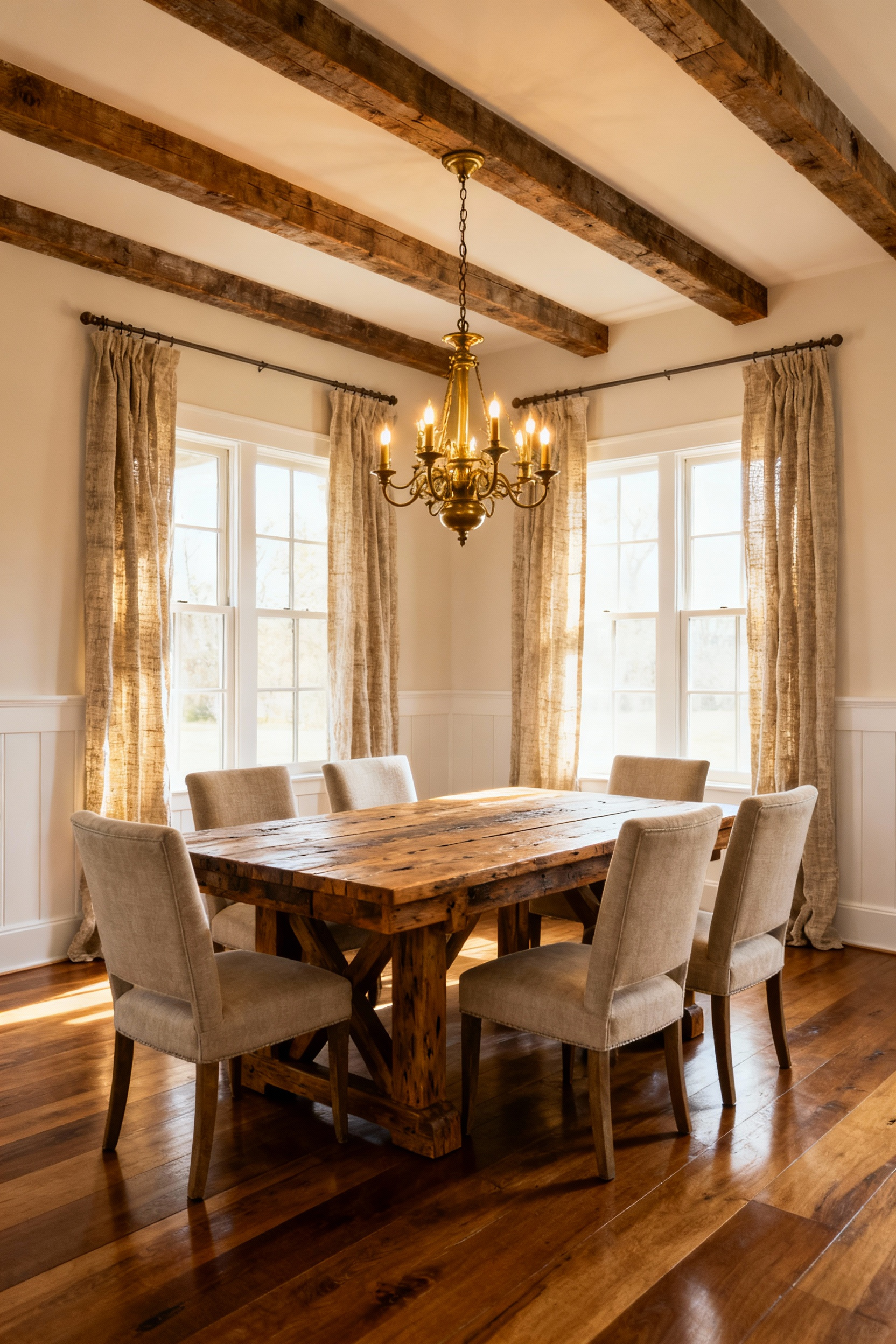 Rustic refined farmhouse dining room with exposed timber beams, wainscoting, a reclaimed wood dining table, upholstered chairs, and an antique brass chandelier, showcasing a harmonious blend of rugged and elegant architectural details.