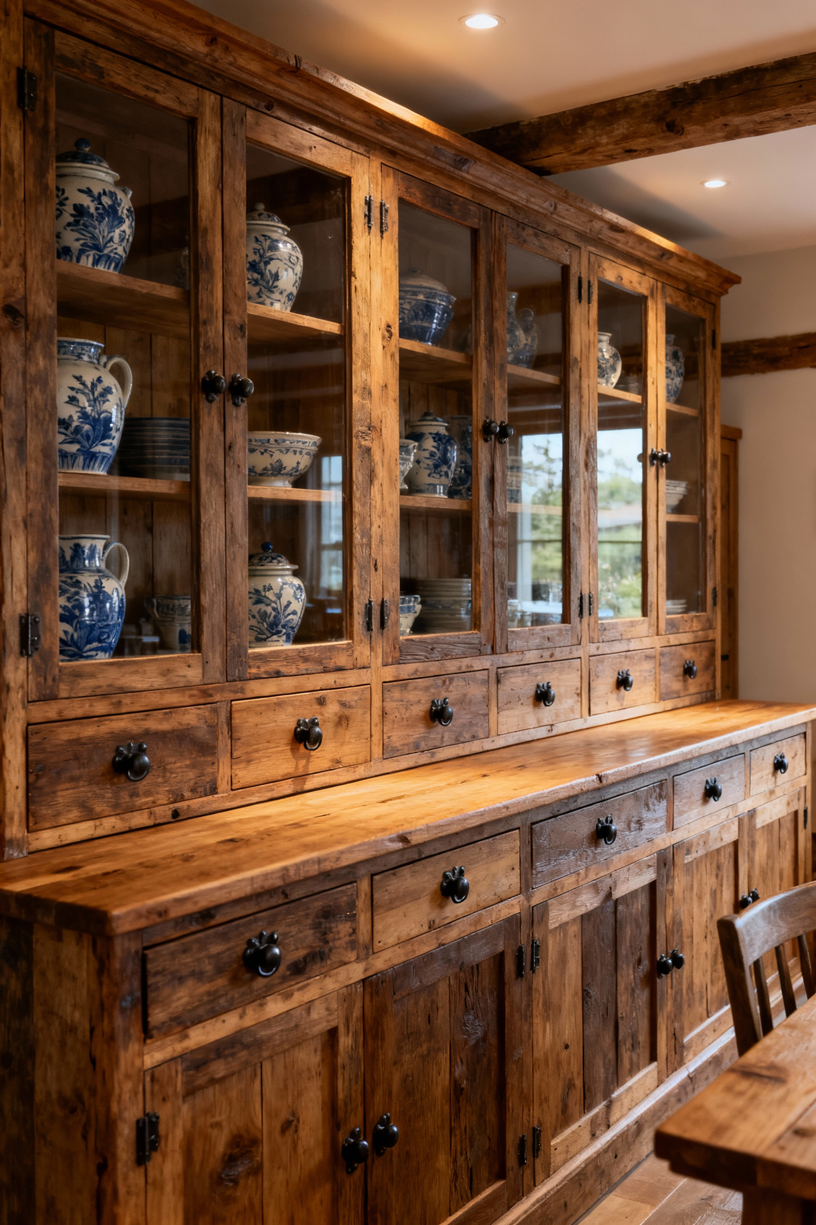 A meticulously crafted floor-to-ceiling reclaimed oak Welsh dresser with glazed display cabinets featuring blue-and-white ceramics and deep dovetailed storage drawers, anchoring a farmhouse dining room.