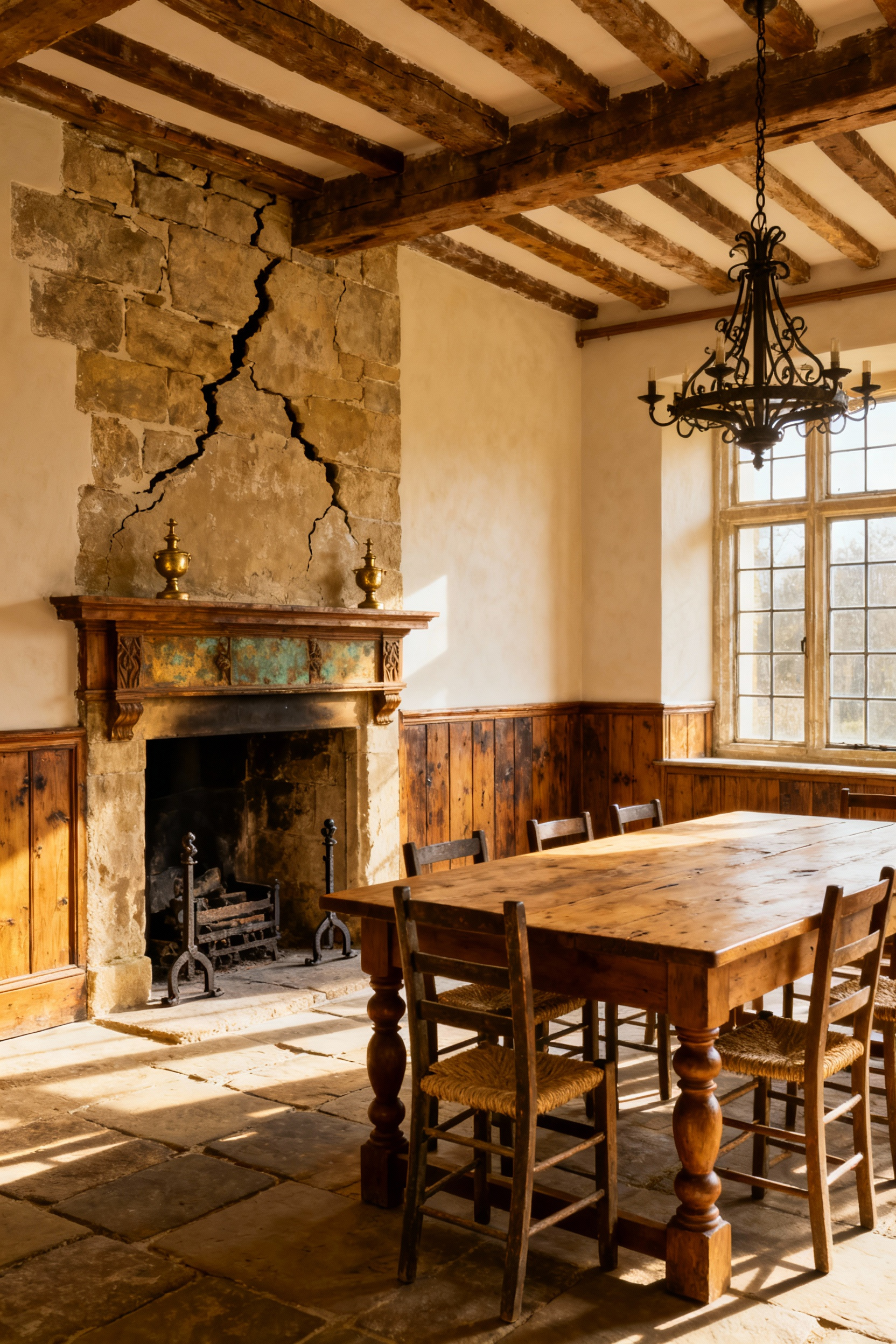 Farmhouse dining room showcasing exposed timber beams, a stone wall, and a traditional fireplace hearth, emphasizing historical architectural elements for period charm and depth.