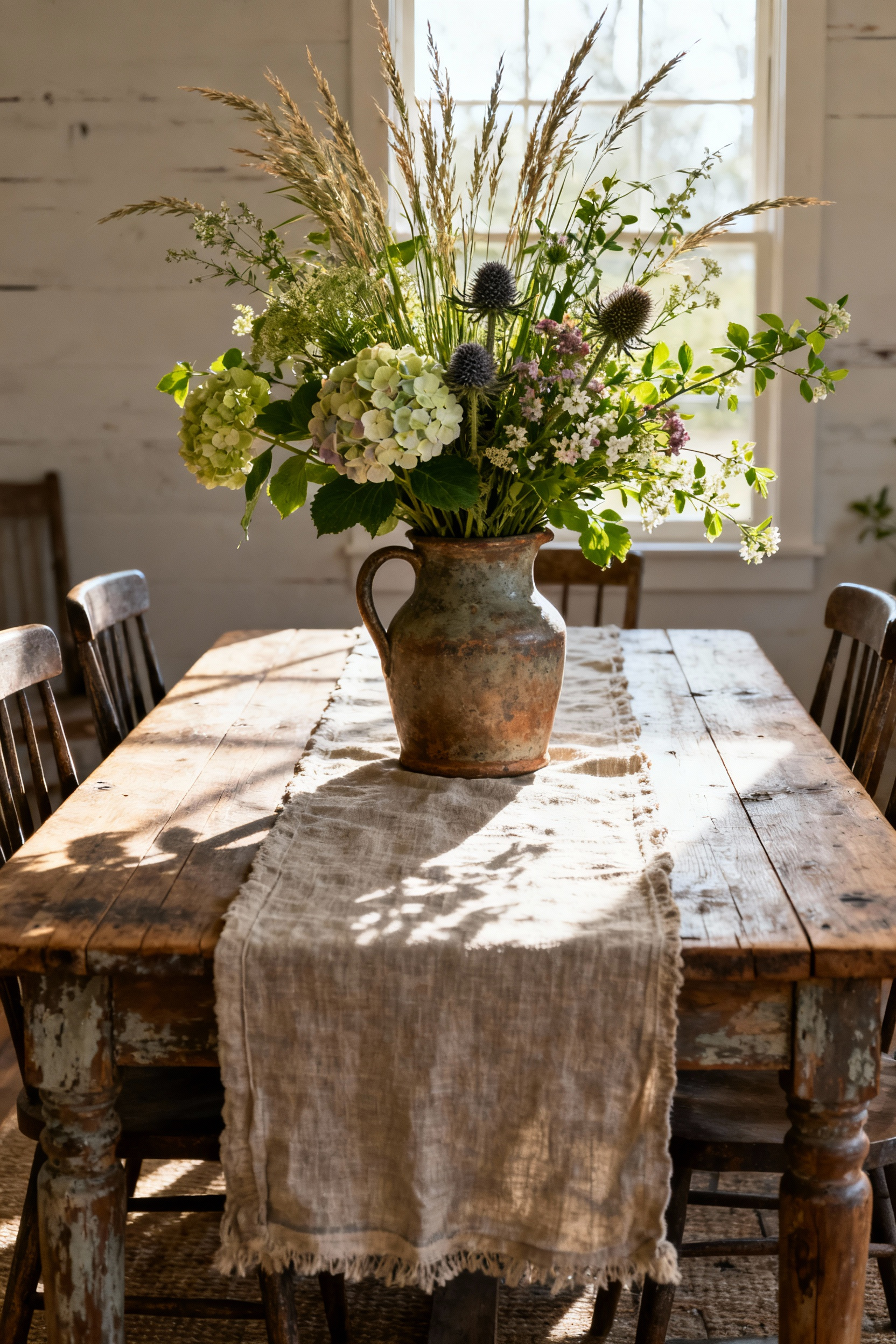A farmhouse dining room featuring a rustic wooden table with a stunning seasonal botanical centerpiece in a ceramic pitcher. Soft natural light illuminates the fresh flowers and foliage, reflecting thoughtful botanical embellishments that infuse the space with natural beauty.