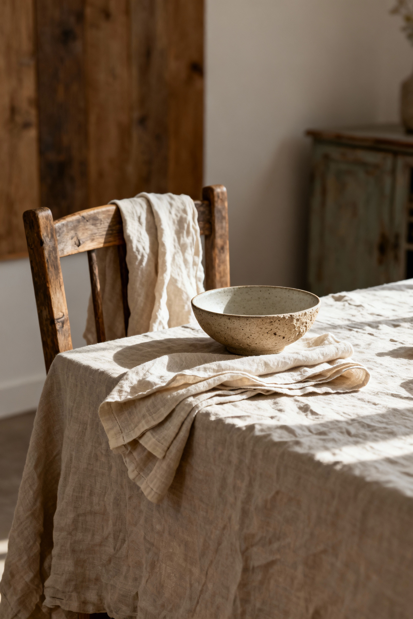 Close-up of a farmhouse dining table set with organic linen tablecloth and natural fibre placemats, showcasing rich textures and an inviting atmosphere.