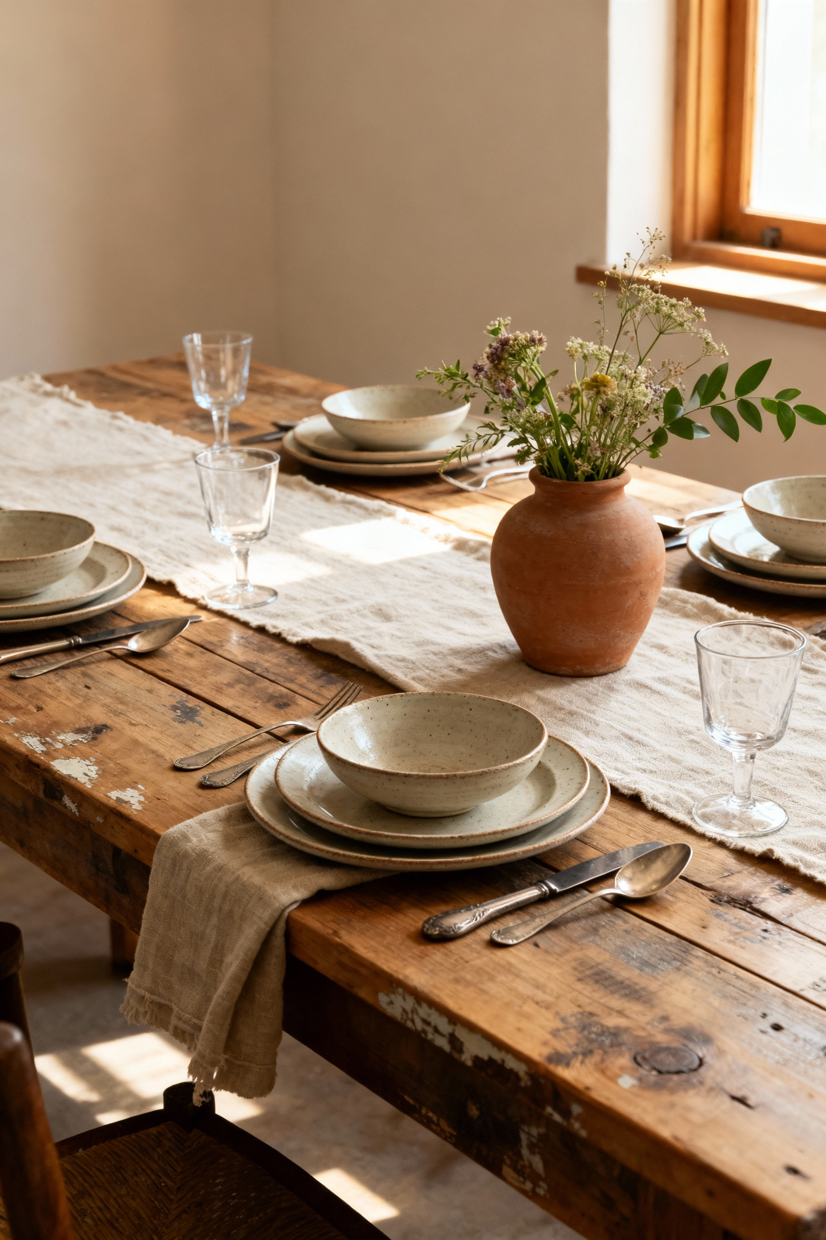 A beautifully arranged farmhouse dining table for an effortless meal, featuring natural linen, handcrafted stoneware, and a rustic floral centerpiece under soft natural light.