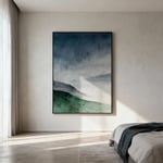 Abstract art print in a minimalist bedroom, featuring psychospiritual color palettes of muted blues, greens, and greys for tranquility and serenity.