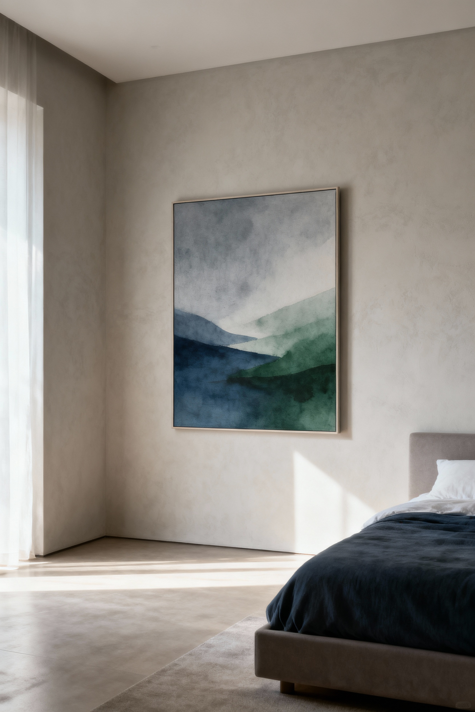 Abstract art print in a minimalist bedroom, featuring psychospiritual color palettes of muted blues, greens, and greys for tranquility and serenity.