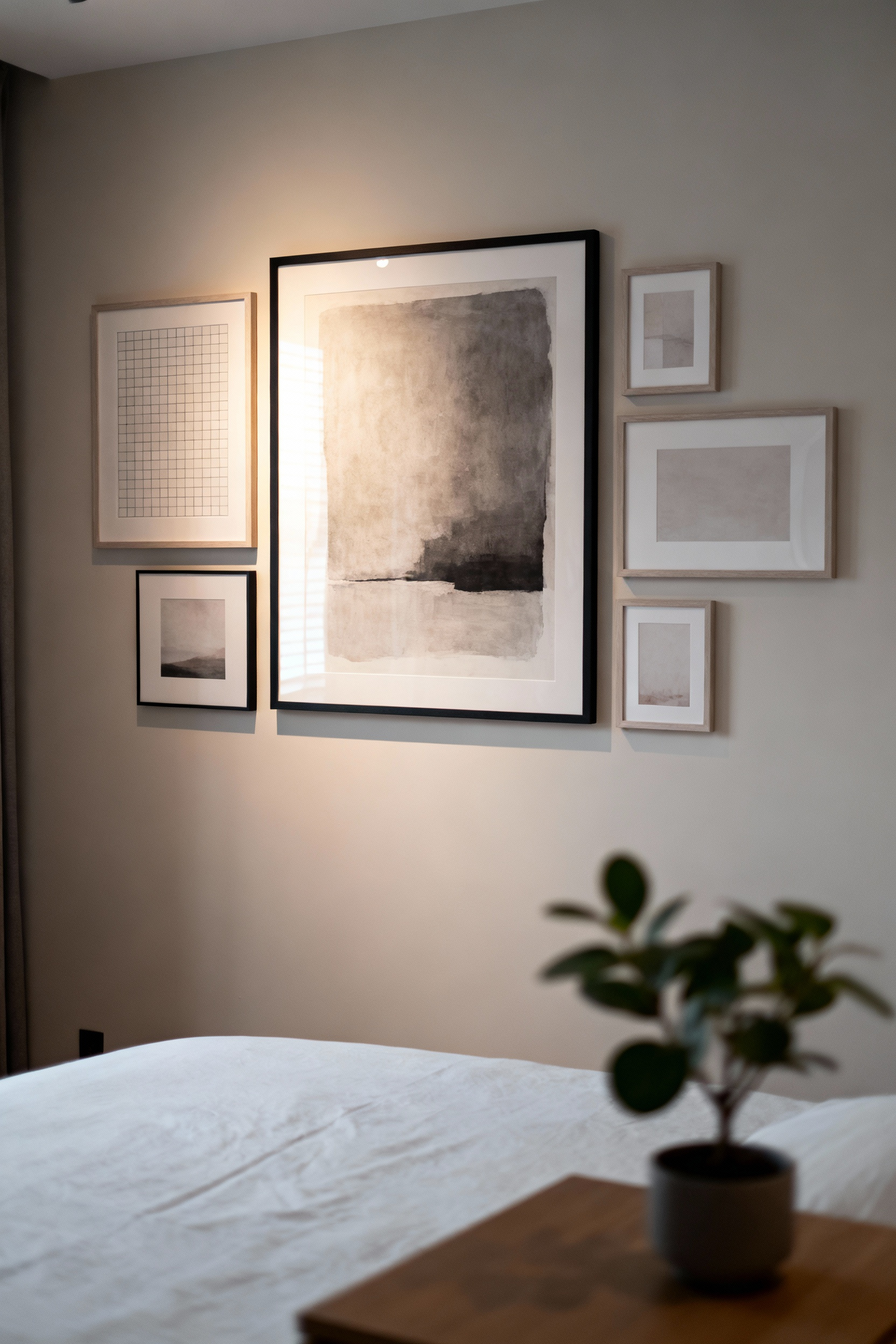 Bedroom wall showcasing art prints arranged with grid theory and asymmetrical balance. Features an abstract artwork, smaller prints, negative space, and a serene, professional aesthetic.