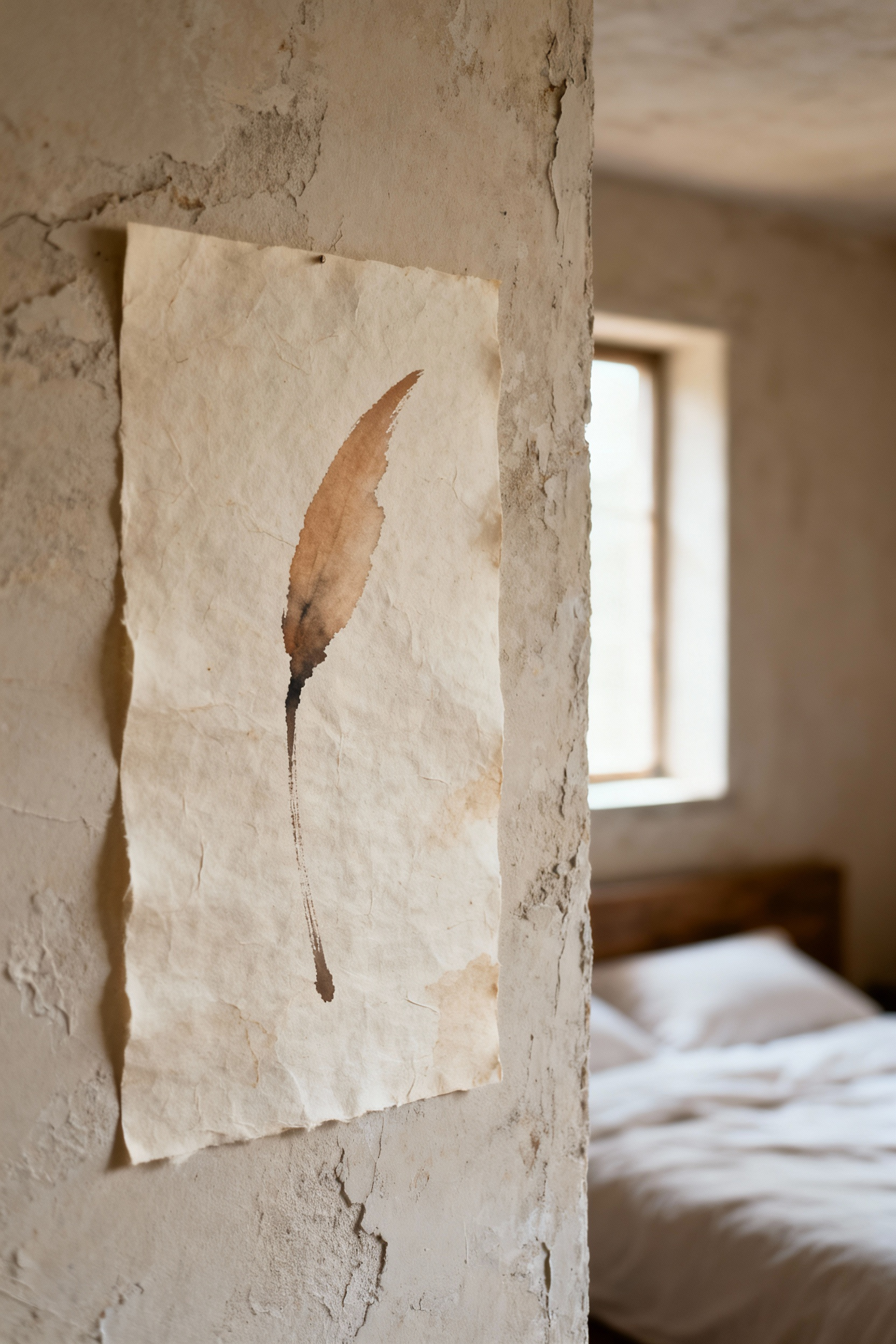 Close-up of Wabi-Sabi inspired art print with delicate ink brushstroke on textured paper, mounted on a weathered plaster wall in a minimalist bedroom. Natural light highlights imperfections.