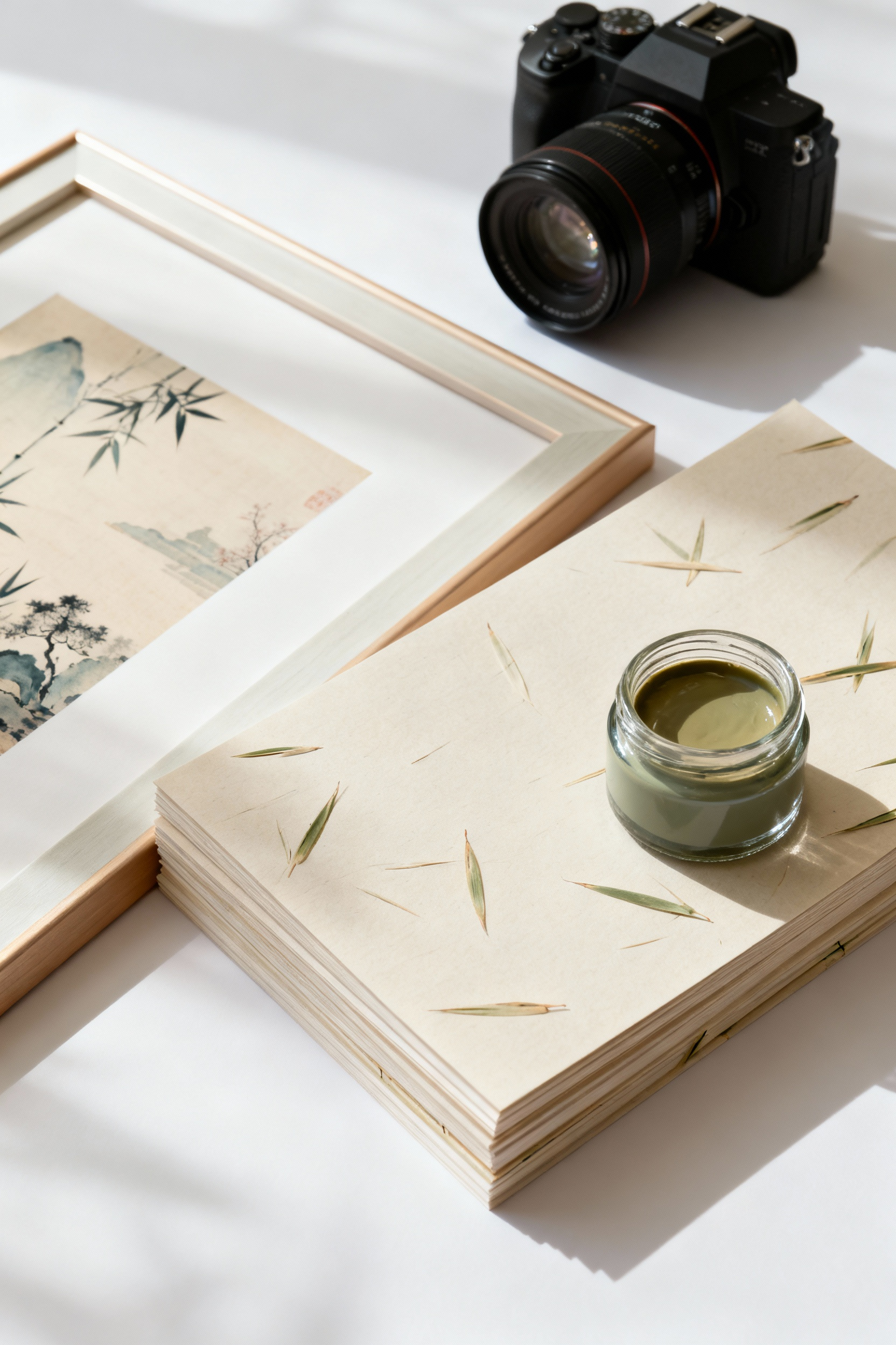 Close-up of ethically sourced printing materials: FSC-certified bamboo paper, non-toxic pigment inks, and a contemporary digital print with Asian-European fusion motifs, symbolizing responsible art production.