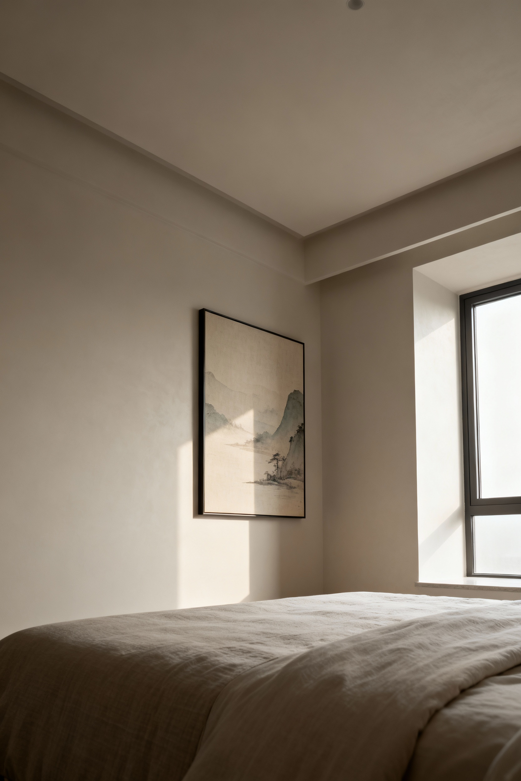 Serene minimalist bedroom with an elegantly framed art print and an empty space, representing rotating collections and evolving personal epochs in art curation.