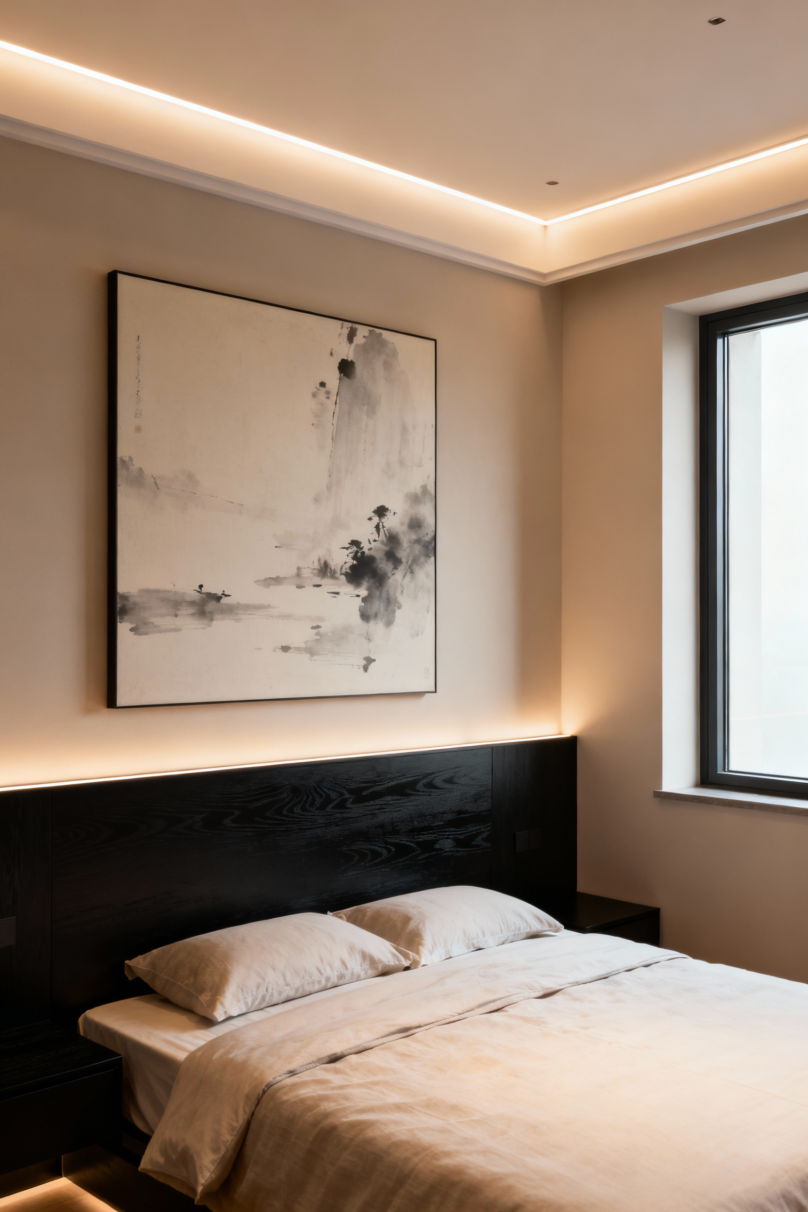 A modern bedroom featuring a large abstract print illuminated by hidden linear LED lighting, creating a soft, even wash that highlights texture and detail, enhancing tranquility and preventing glare.