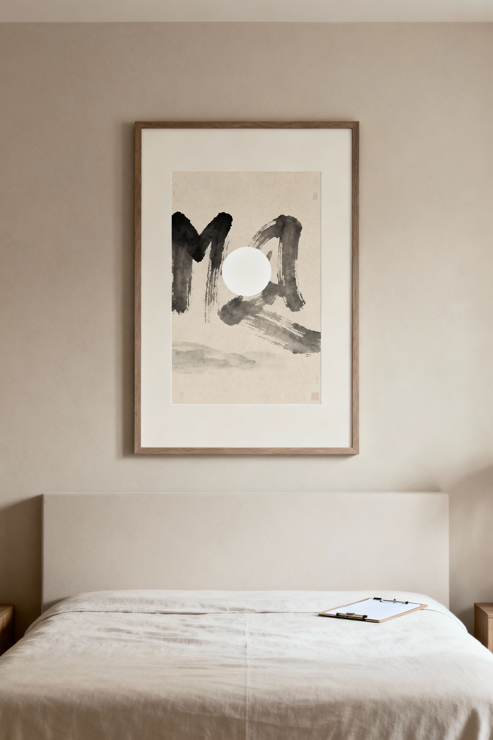 Minimalist bedroom with a large, framed abstract art print in muted tones, embodying enduring design and tranquility for a future-proof aesthetic.