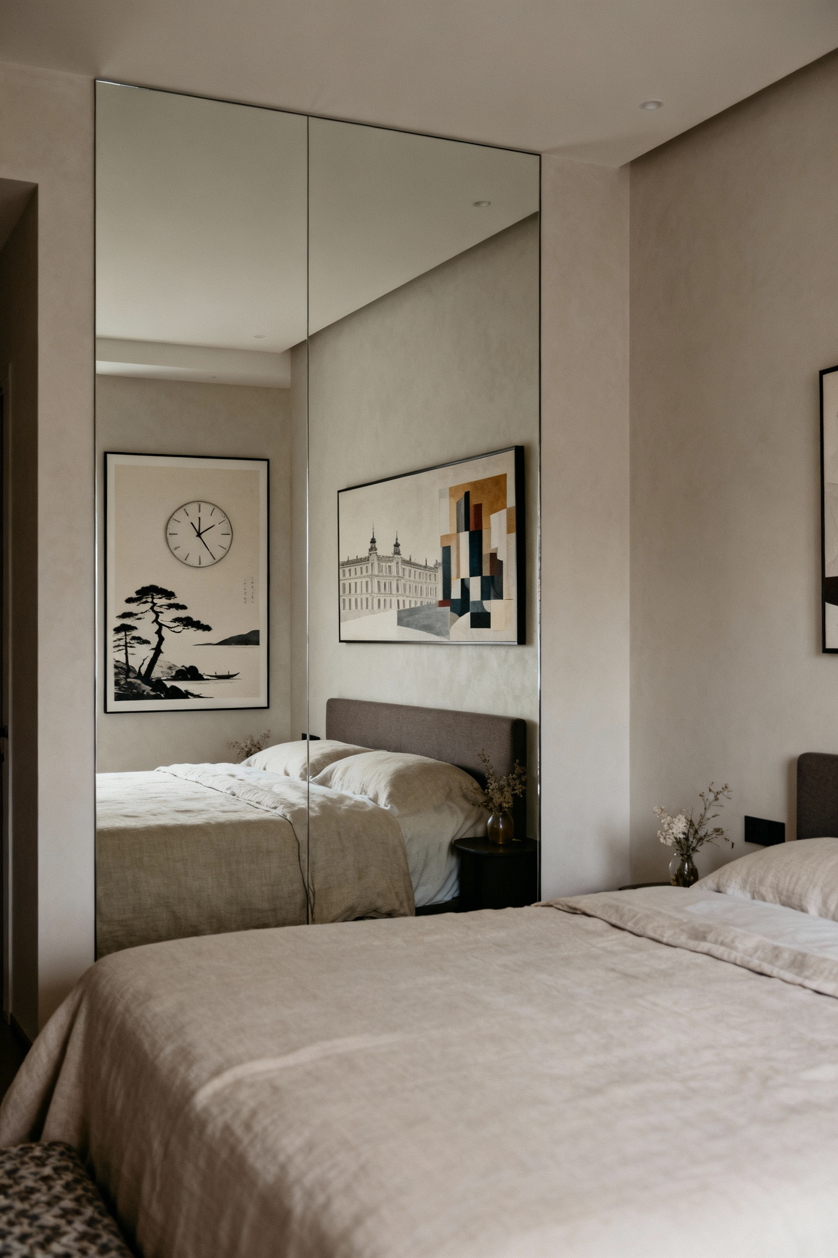 A tranquil bedroom featuring a large mirror strategically reflecting a curated art print, enhancing natural light and creating an illusion of spaciousness and visual flow, promoting serenity.